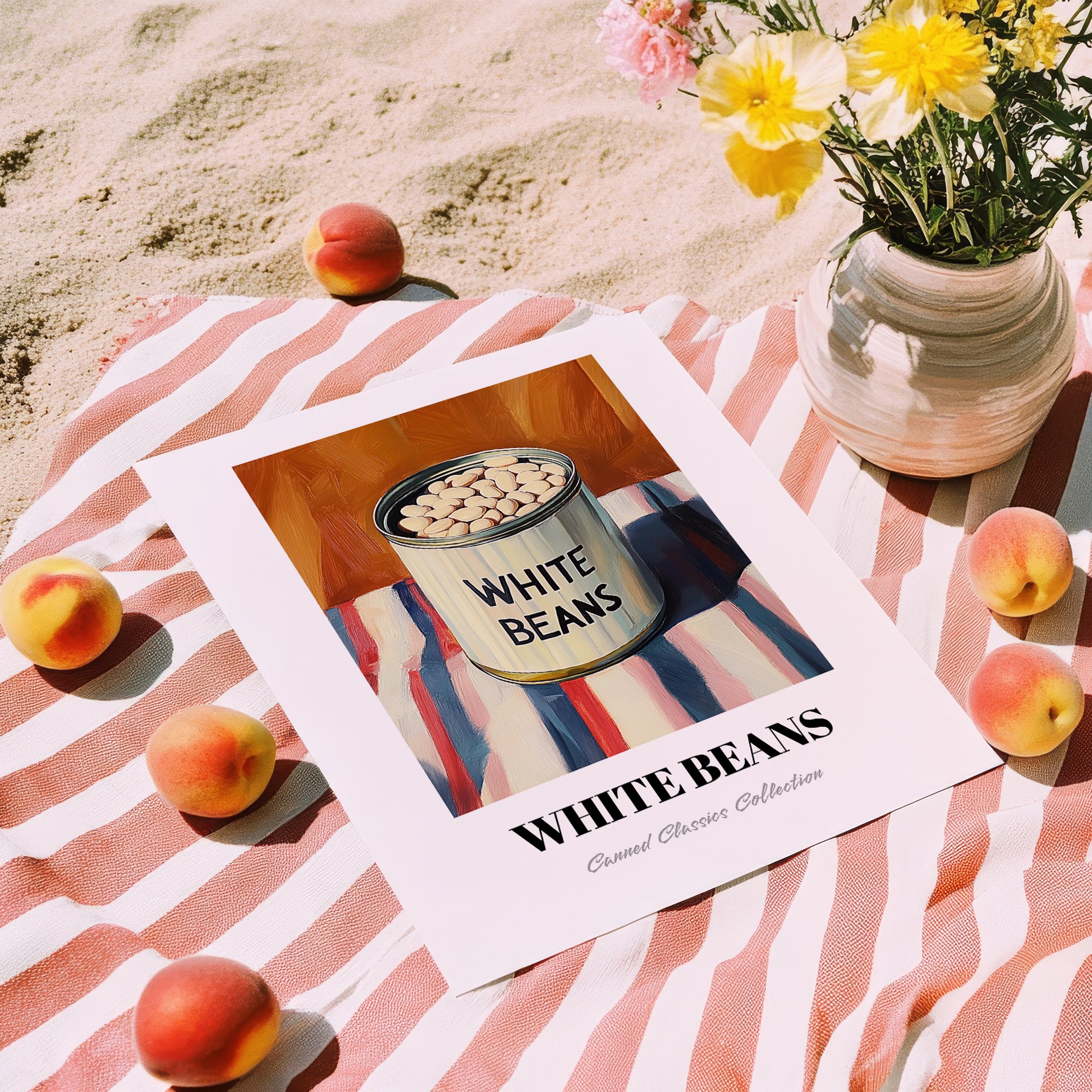 White Beans – on Striped Tablecloth, Canned Vegetables Painting, unframed on coastal sand