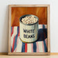 White Beans – on Striped Tablecloth, Canned Vegetables Painting, no-text version framed in wood