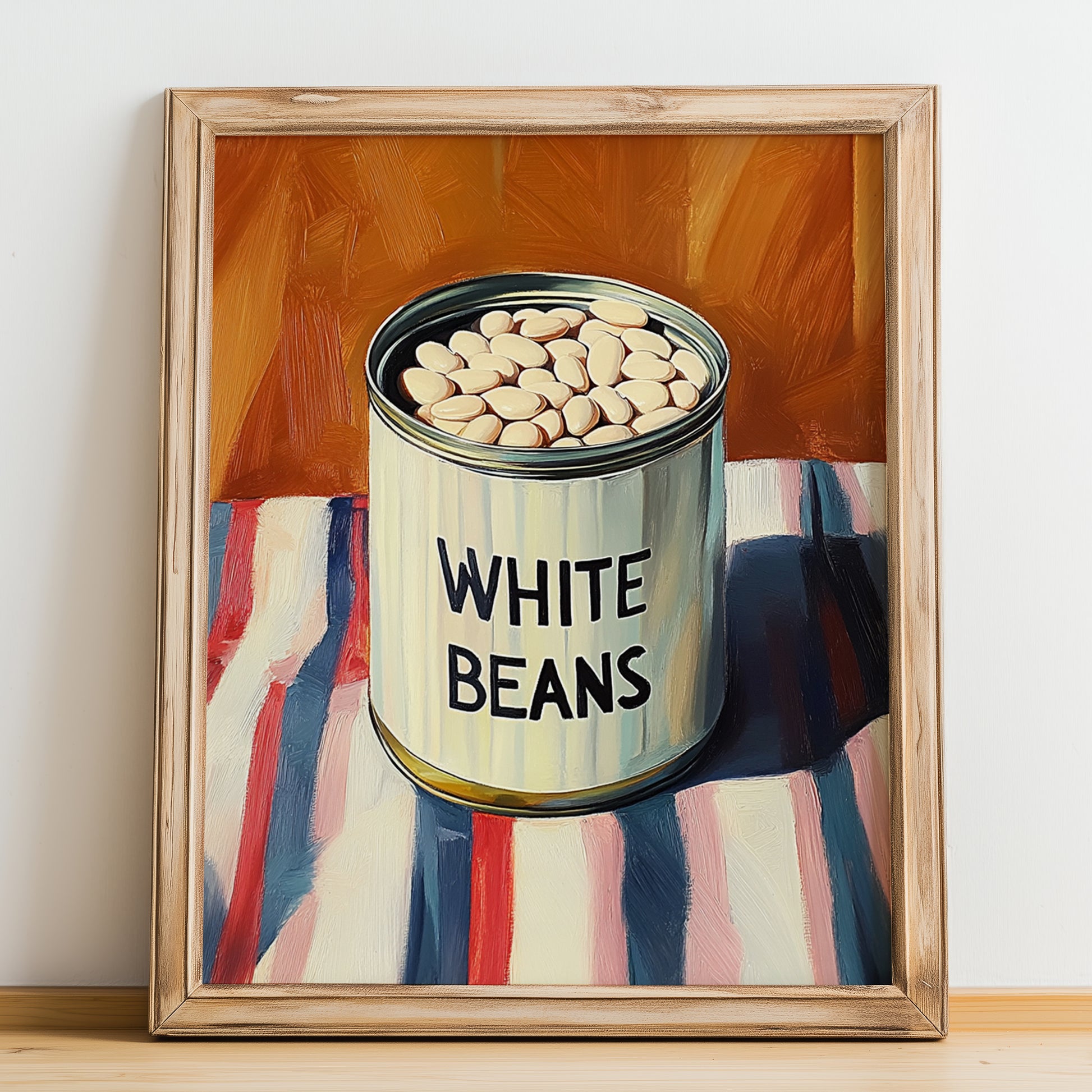 White Beans – on Striped Tablecloth, Canned Vegetables Painting, no-text version framed in wood