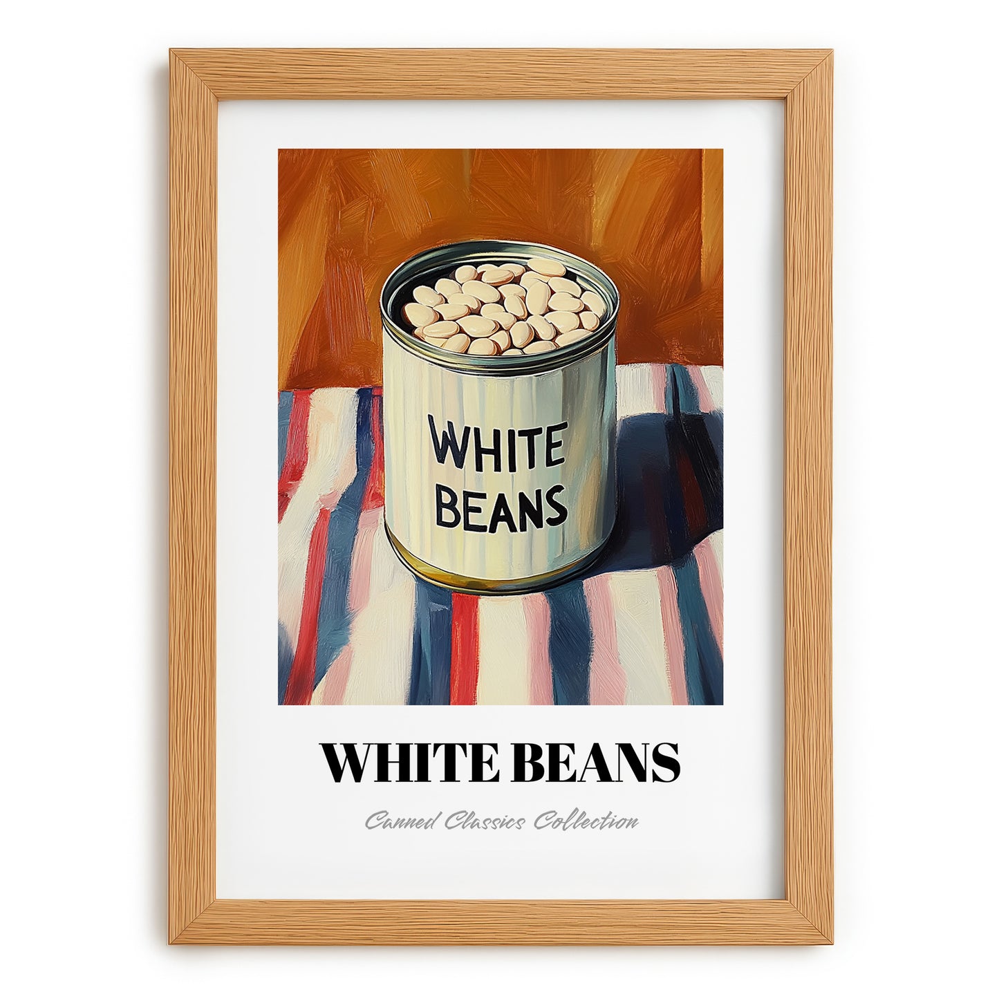 White Beans – on Striped Tablecloth, Canned Vegetables Painting, set in oak frame