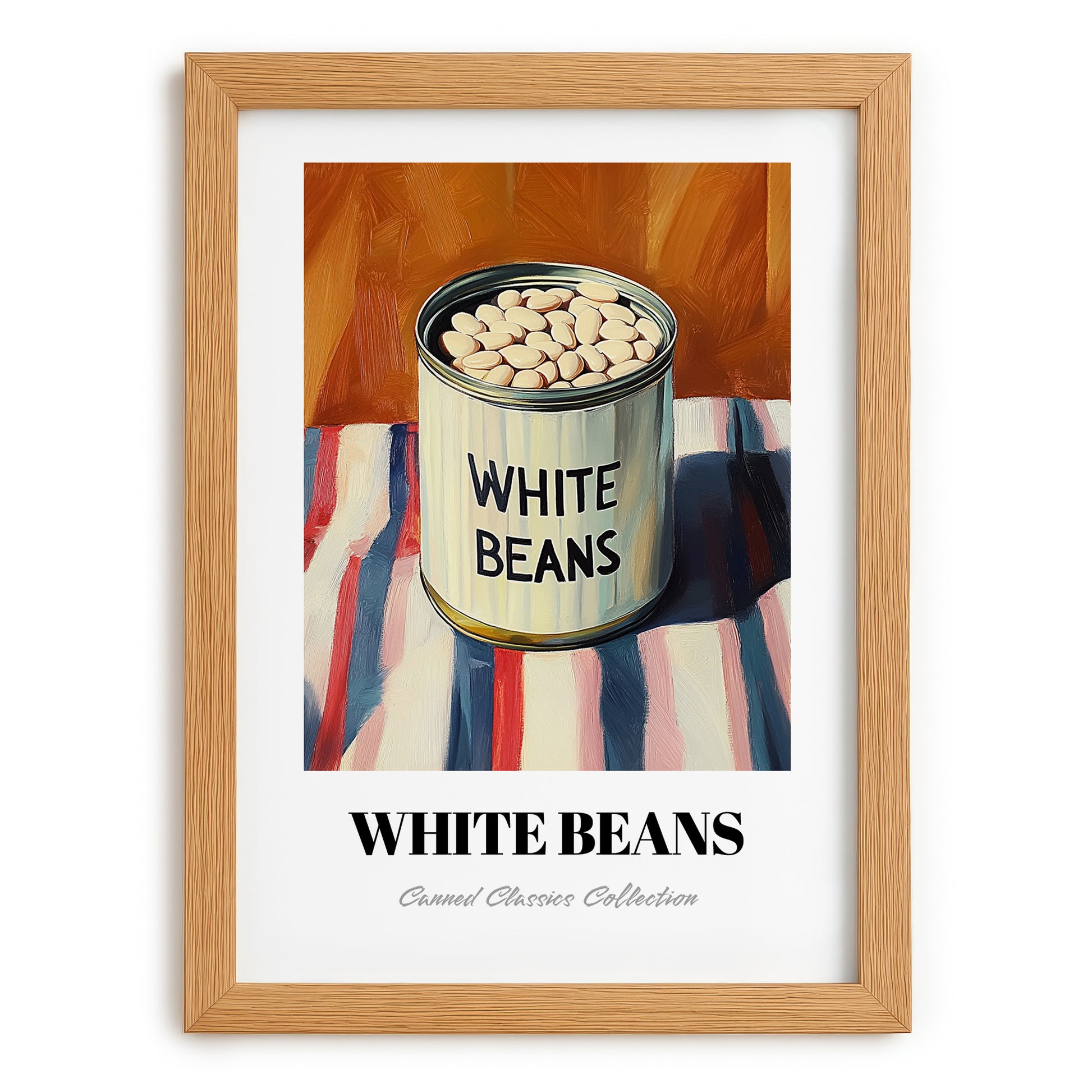 White Beans – on Striped Tablecloth, Canned Vegetables Painting, set in oak frame