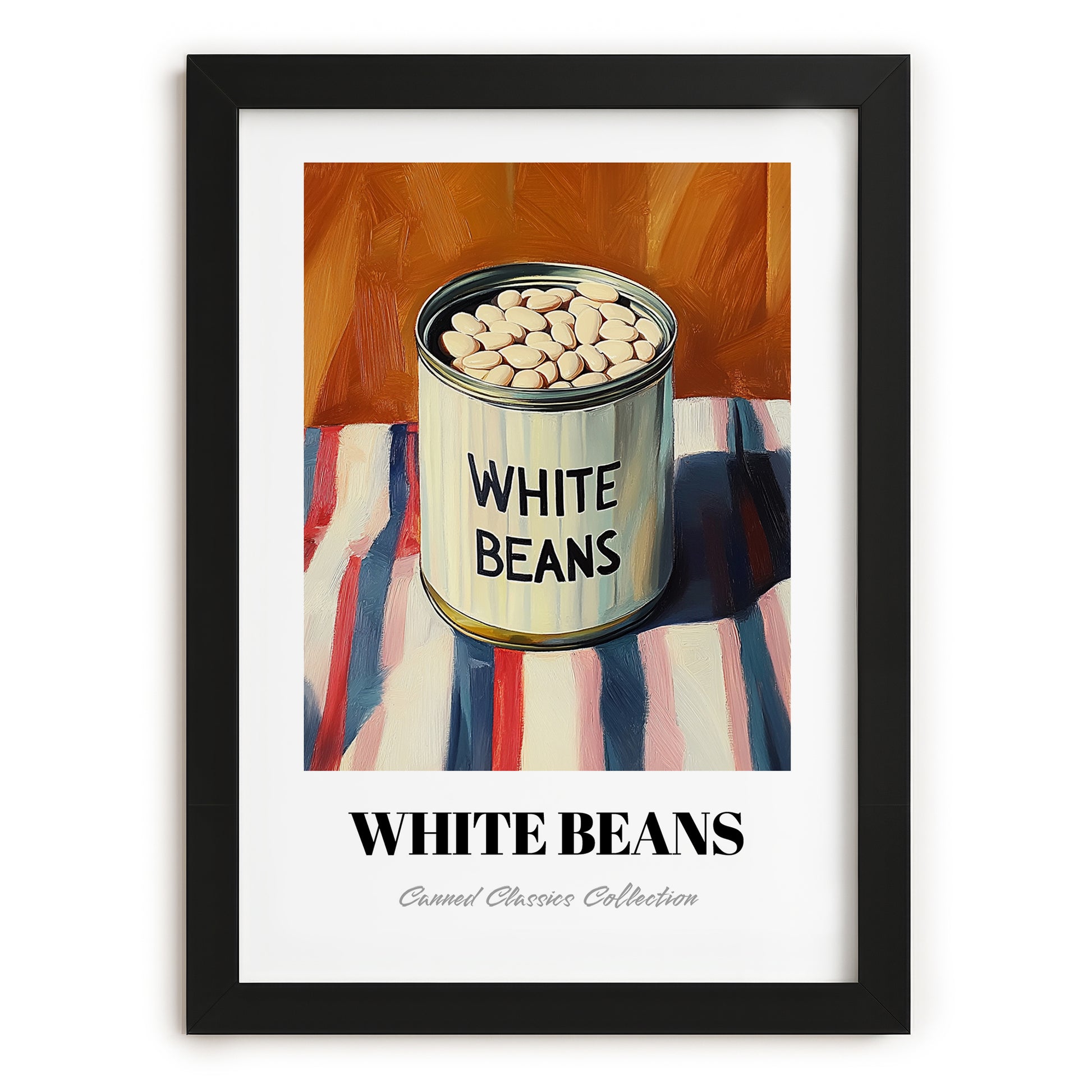 White Beans – on Striped Tablecloth, Canned Vegetables Painting, in sleek black frame
