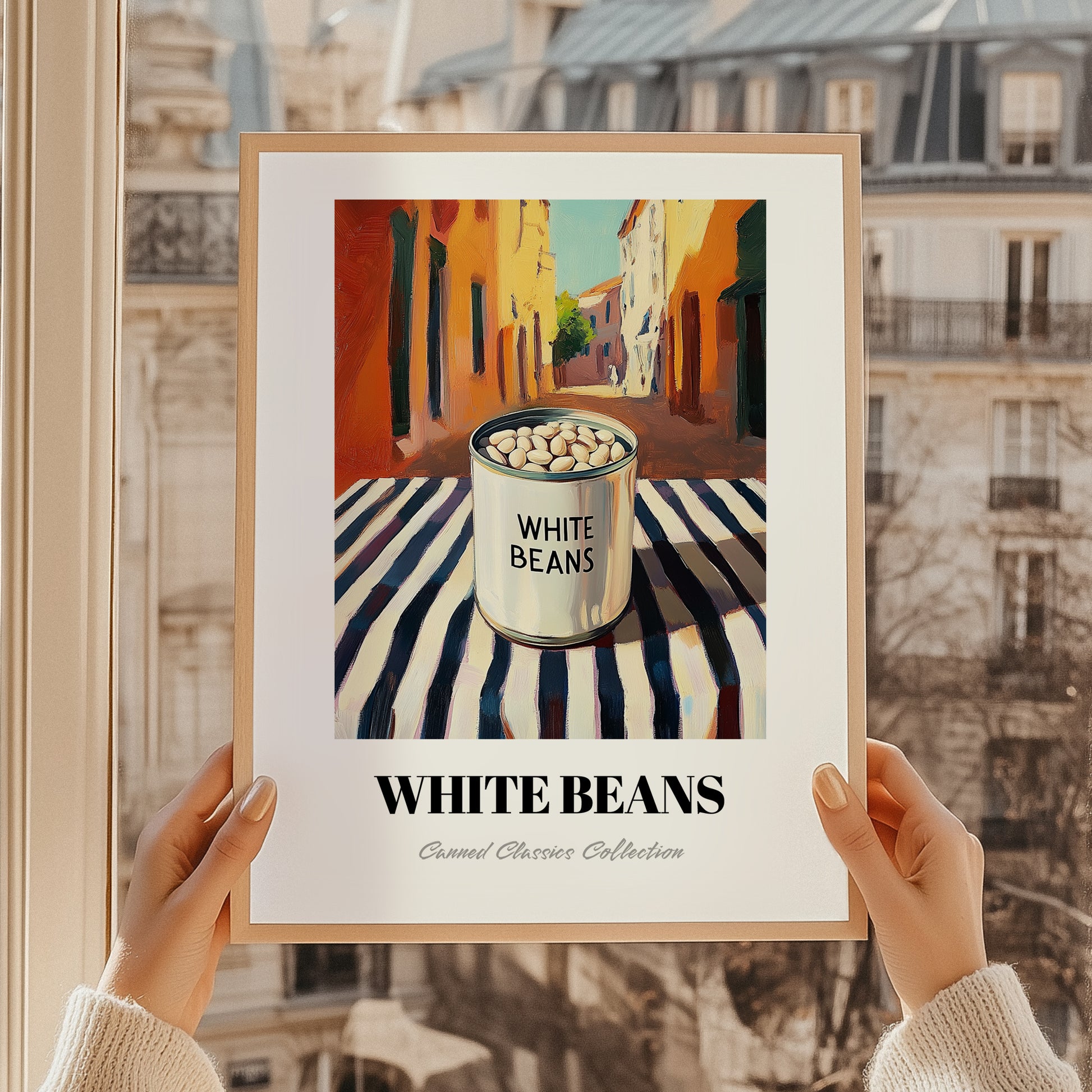 White Beans – Italian Urban Café Scene, Canned Vegetables Still Life, styled in a charming Paris street view