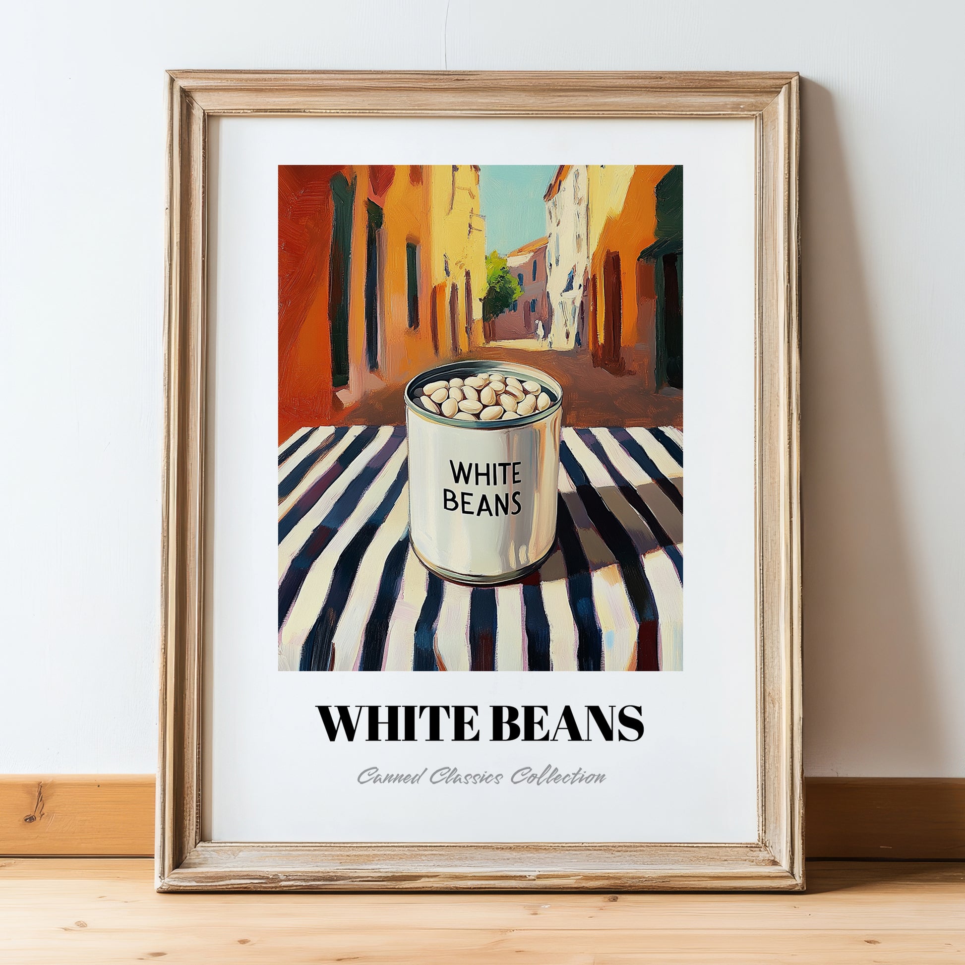White Beans – Italian Urban Café Scene, Canned Vegetables Still Life, in wooden frame leaning on the floor