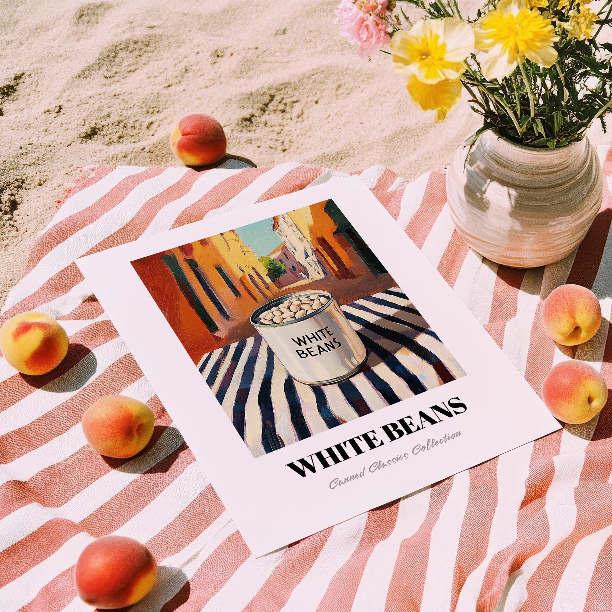 White Beans – Italian Urban Café Scene, Canned Vegetables Still Life, unframed on coastal sand