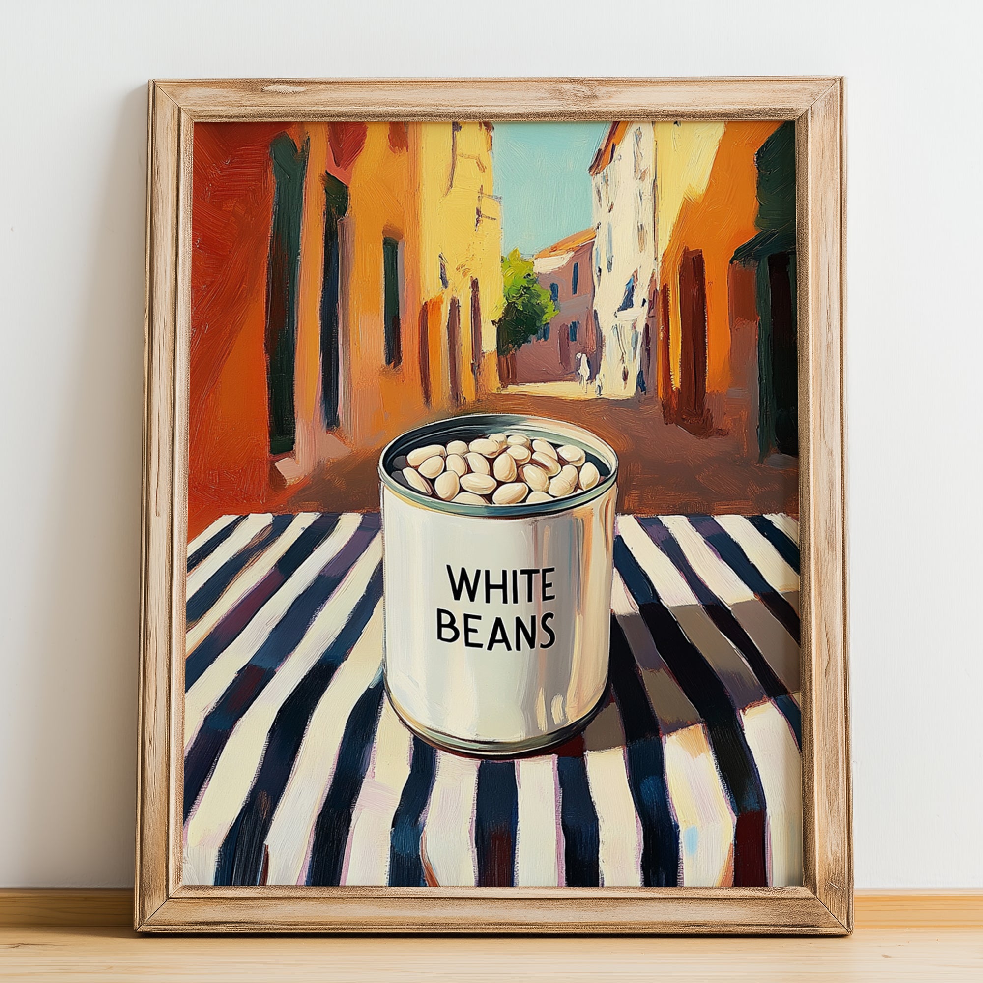 White Beans – Italian Urban Café Scene, Canned Vegetables Still Life, no-text version framed in wood