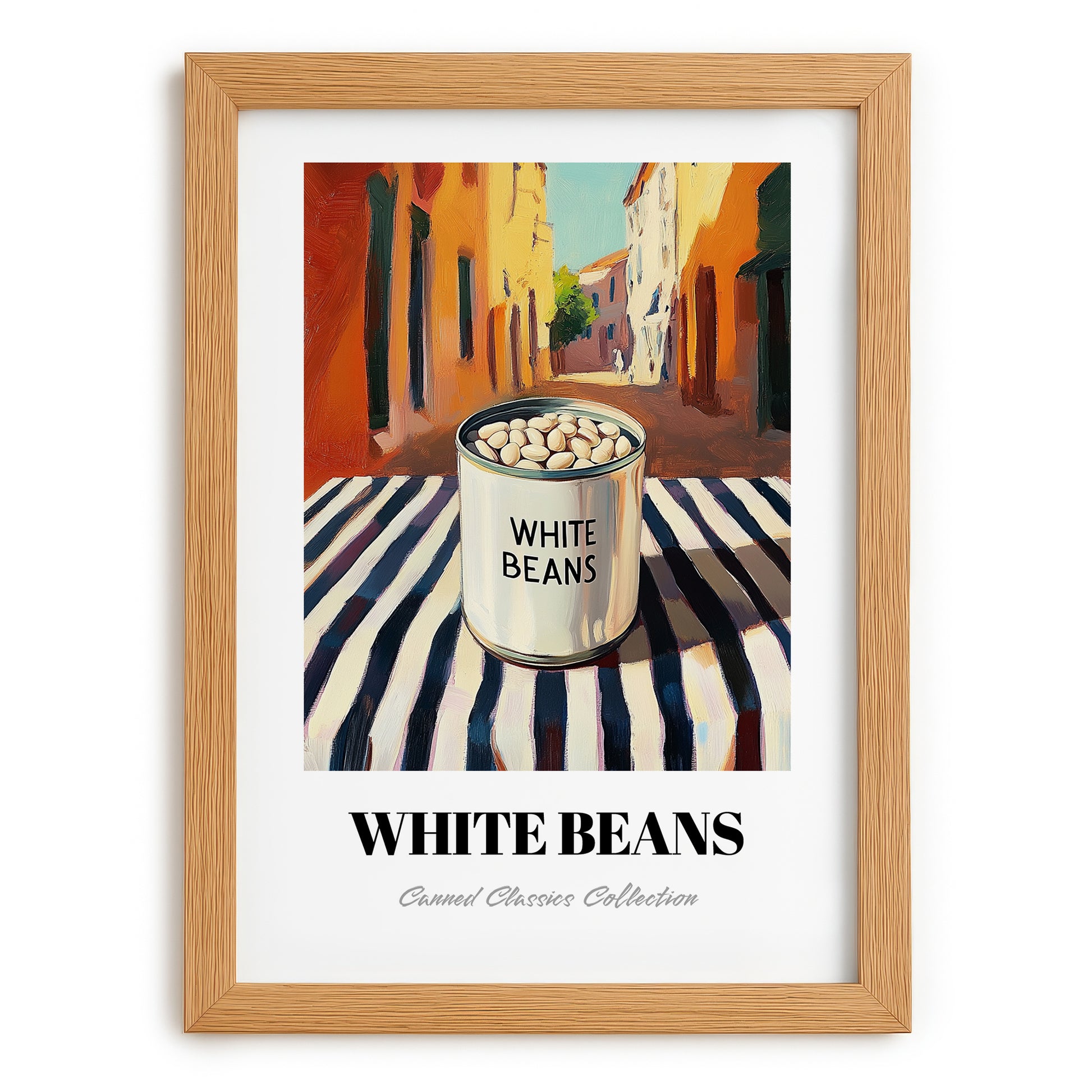 White Beans – Italian Urban Café Scene, Canned Vegetables Still Life, set in oak frame