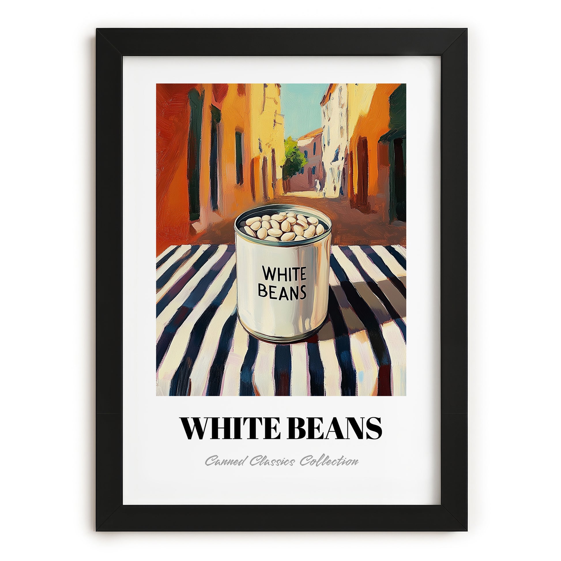 White Beans – Italian Urban Café Scene, Canned Vegetables Still Life, in sleek black frame