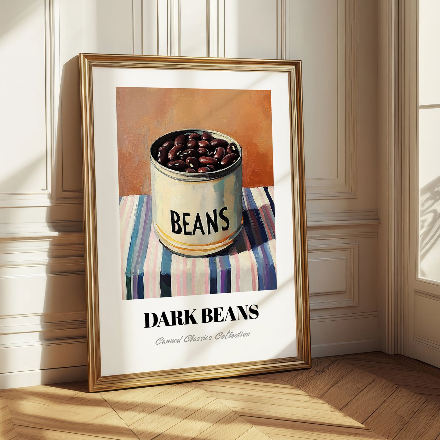 Dark Beans – on Striped Tablecloth, Canned Vegetables Illustration