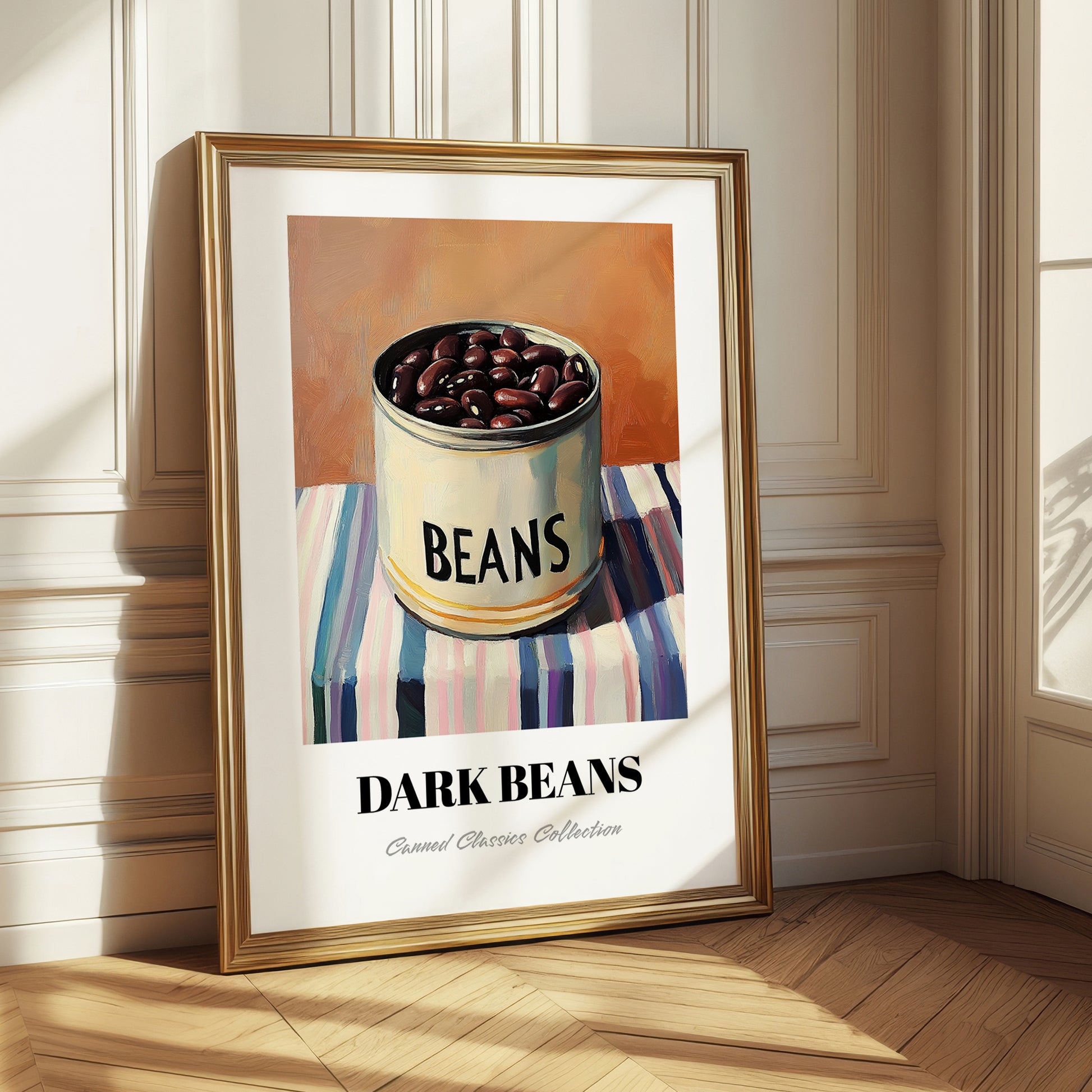 Dark Beans – on Striped Tablecloth, Canned Vegetables Illustration