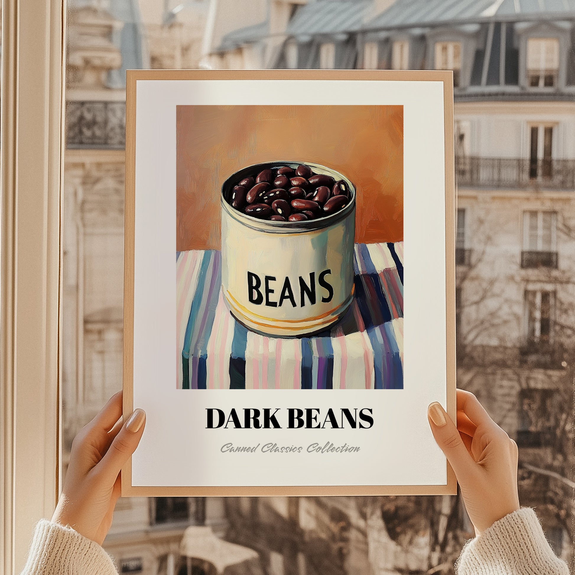Dark Beans – on Striped Tablecloth, Canned Vegetables Illustration, styled in a charming Paris street view