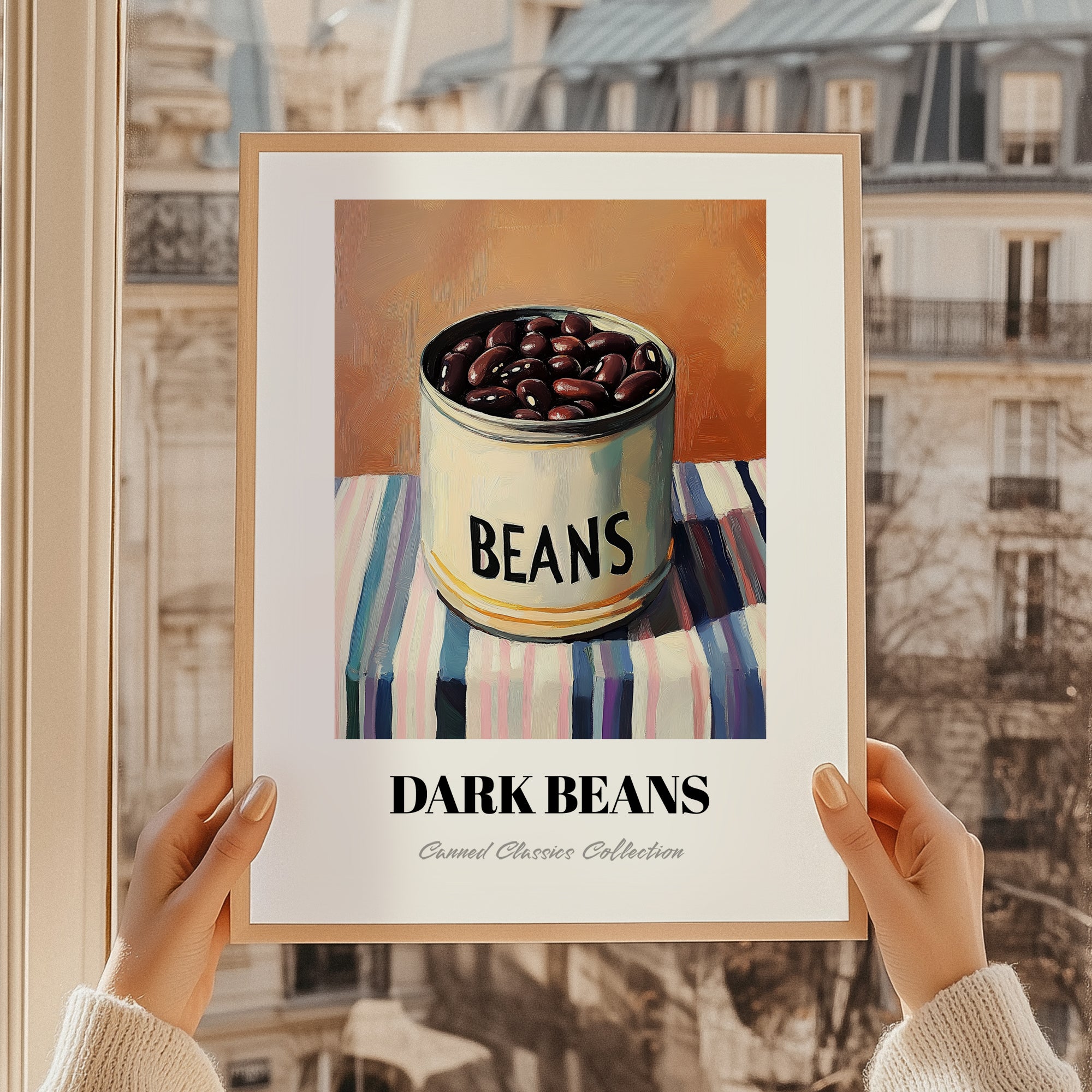 Dark Beans – on Striped Tablecloth, Canned Vegetables Illustration, styled in a charming Paris street view