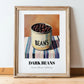 Dark Beans – on Striped Tablecloth, Canned Vegetables Illustration, in wooden frame leaning on the floor