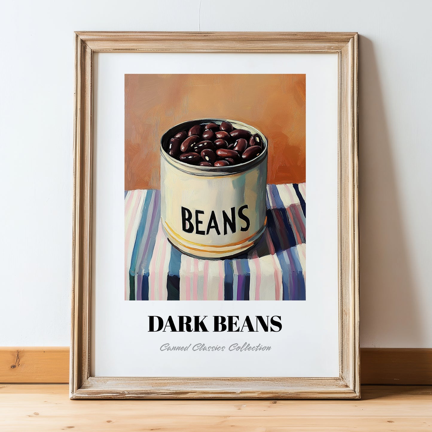Dark Beans – on Striped Tablecloth, Canned Vegetables Illustration, in wooden frame leaning on the floor