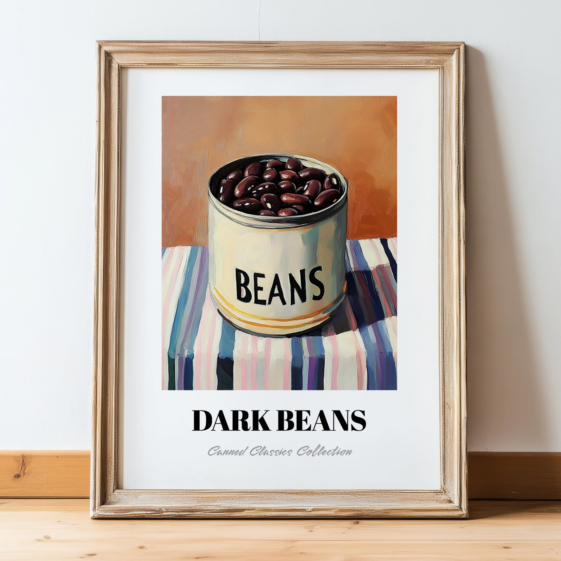 Dark Beans – on Striped Tablecloth, Canned Vegetables Illustration, in wooden frame leaning on the floor