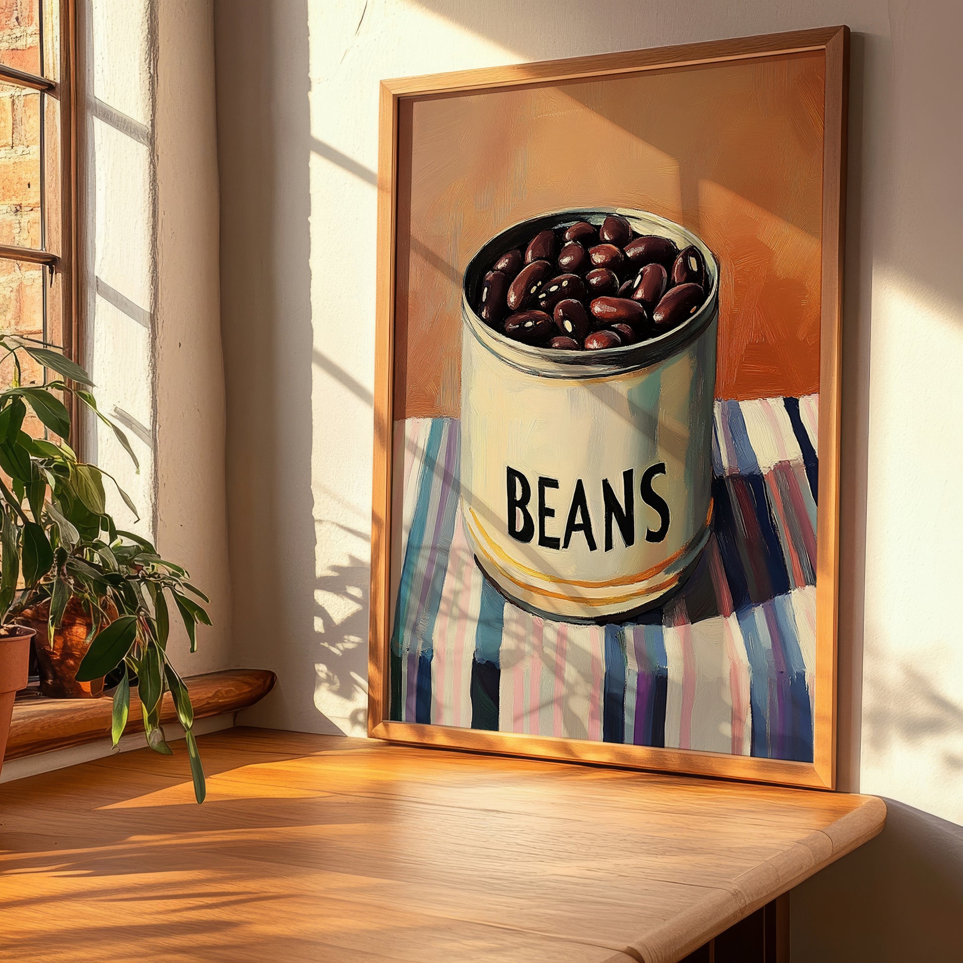 Dark Beans – on Striped Tablecloth, Canned Vegetables Illustration, clean layout with no caption