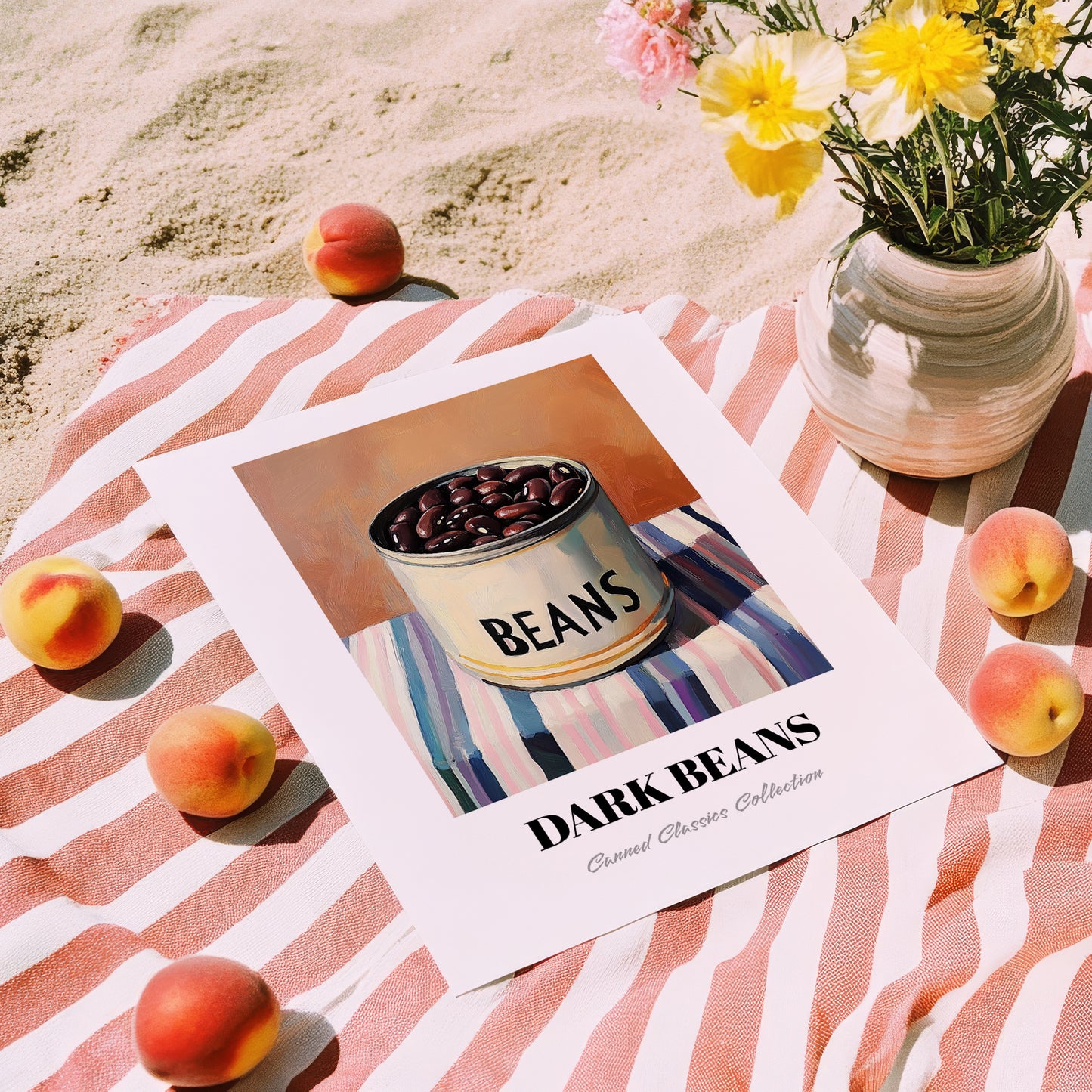 Dark Beans – on Striped Tablecloth, Canned Vegetables Illustration, unframed on coastal sand