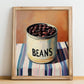 Dark Beans – on Striped Tablecloth, Canned Vegetables Illustration, no-text version framed in wood