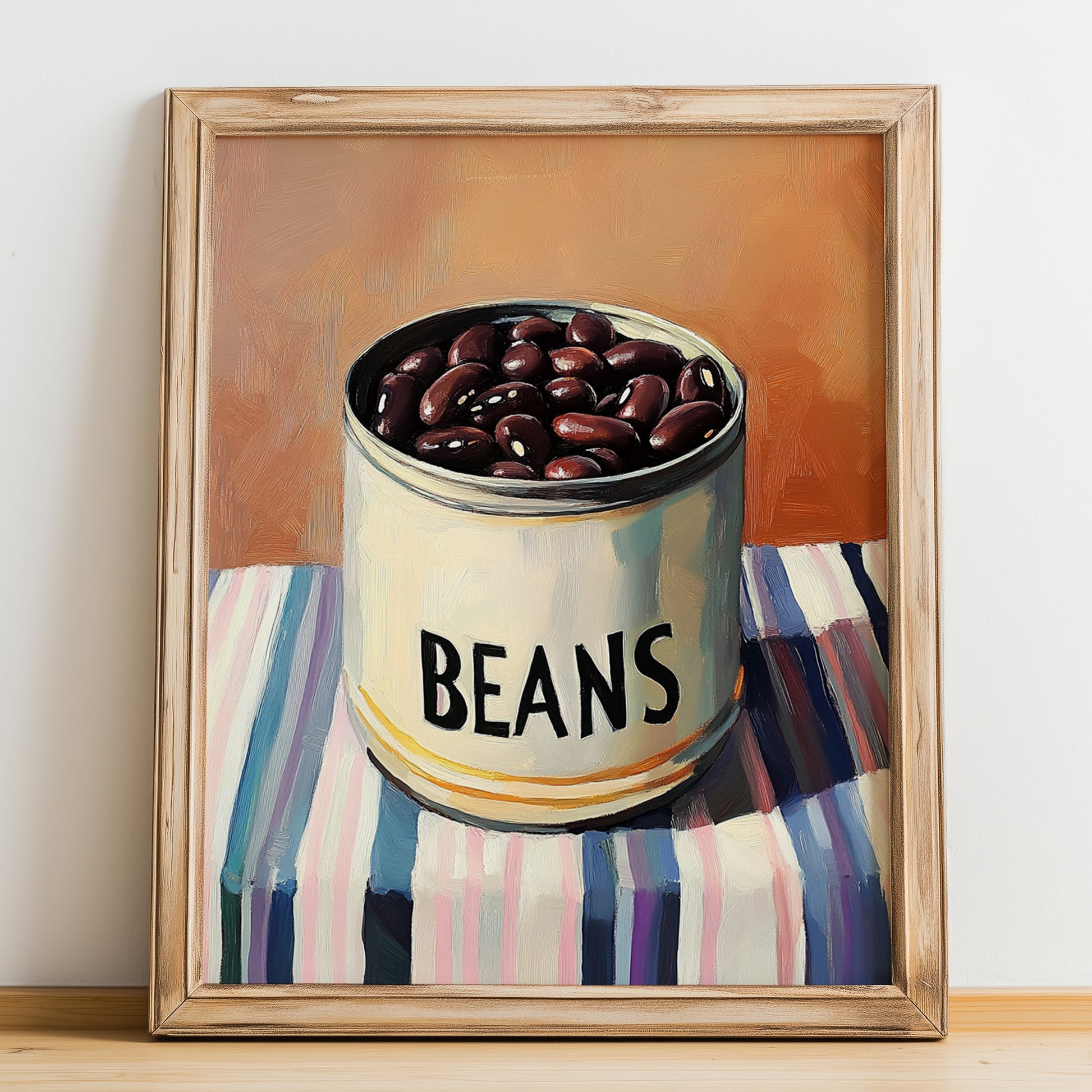 Dark Beans – on Striped Tablecloth, Canned Vegetables Illustration, no-text version framed in wood