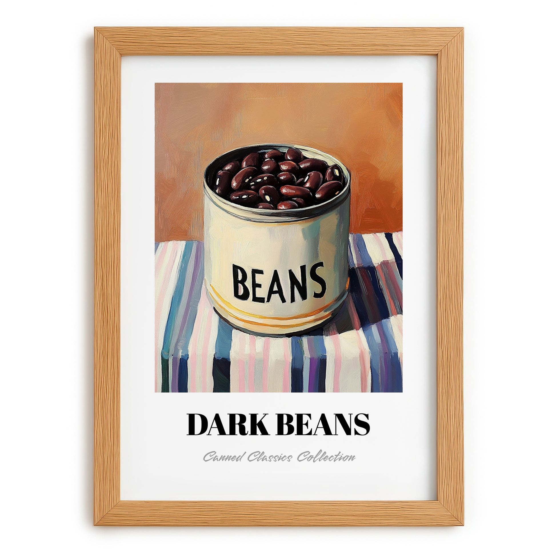 Dark Beans – on Striped Tablecloth, Canned Vegetables Illustration, set in oak frame