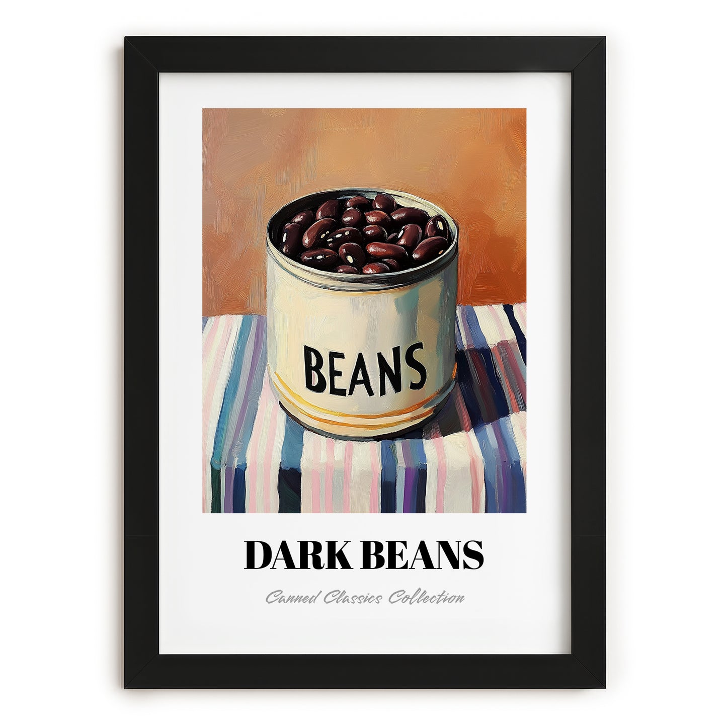 Dark Beans – on Striped Tablecloth, Canned Vegetables Illustration, in sleek black frame