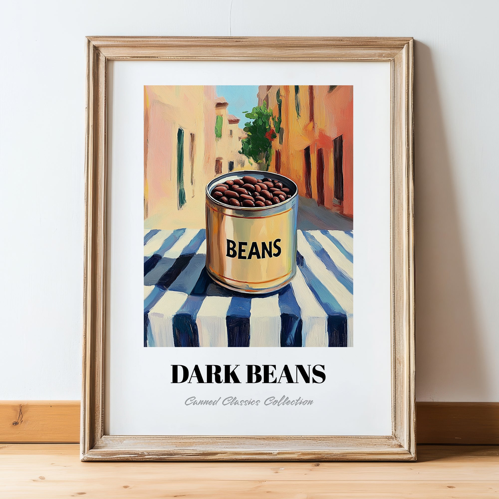 Dark Beans – Italian Urban Café Scene, Canned Vegetables Painting, in wooden frame leaning on the floor