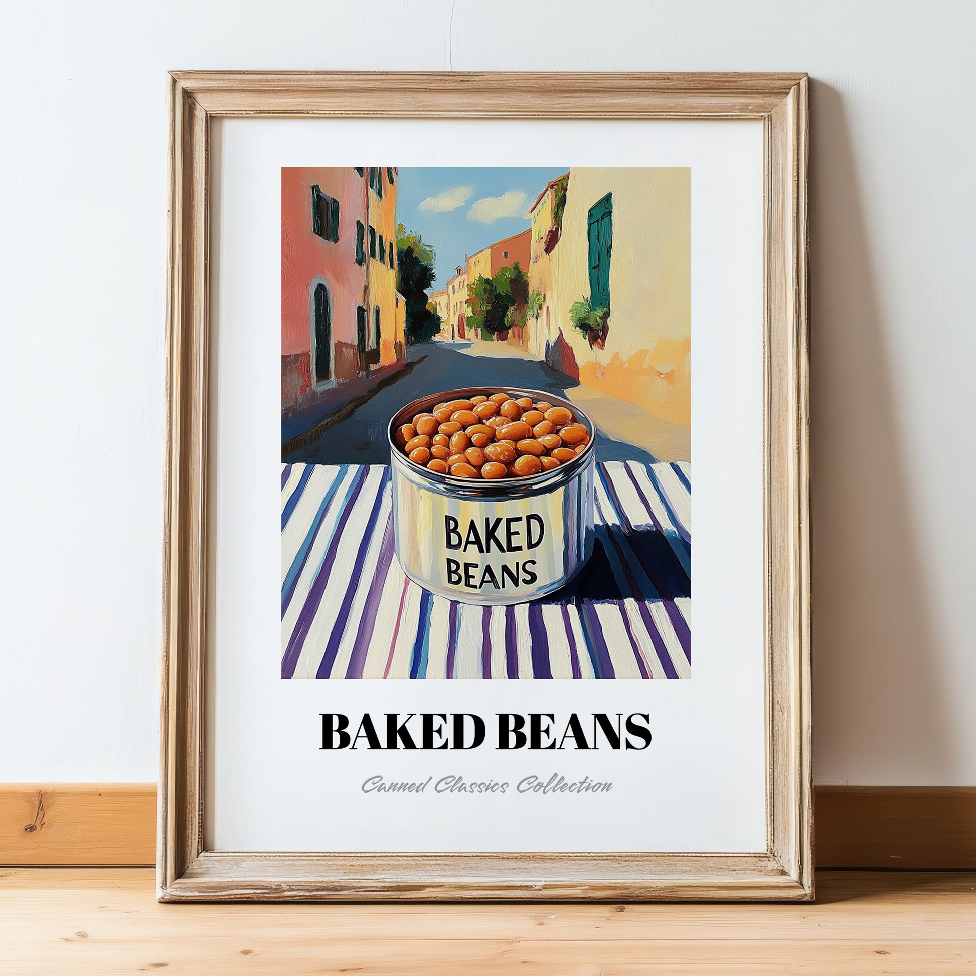 Baked Beans – Italian Outdoor Café Scene, Canned Vegetables Illustration, in wooden frame leaning on the floor