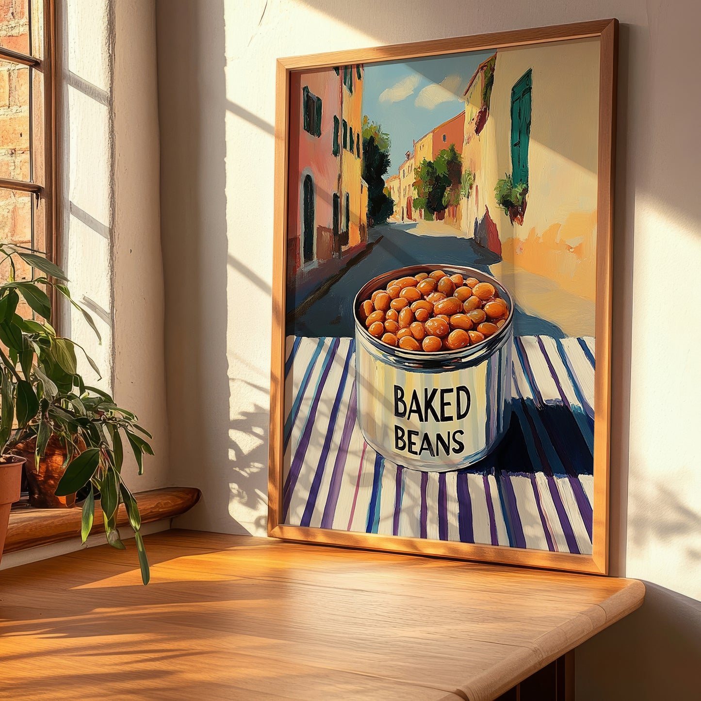 Baked Beans – Italian Outdoor Café Scene, Canned Vegetables Illustration, clean layout with no caption