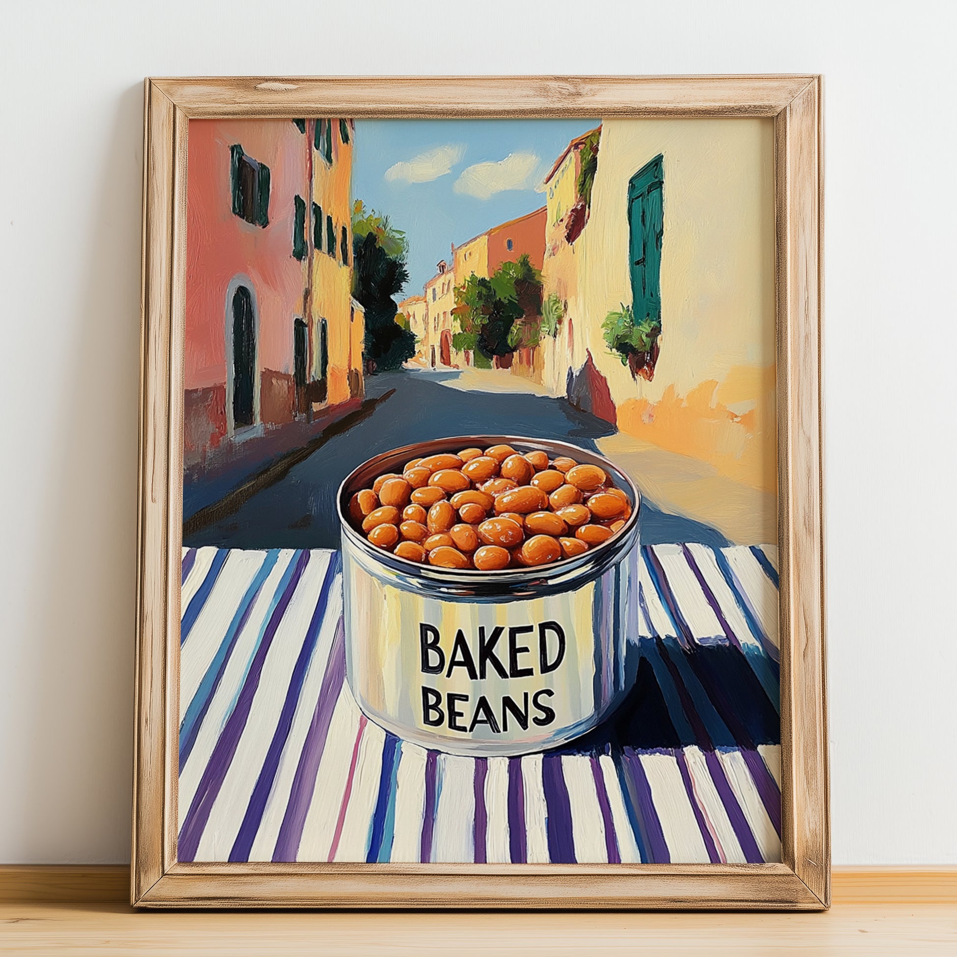 Baked Beans – Italian Outdoor Café Scene, Canned Vegetables Illustration, no-text version framed in wood