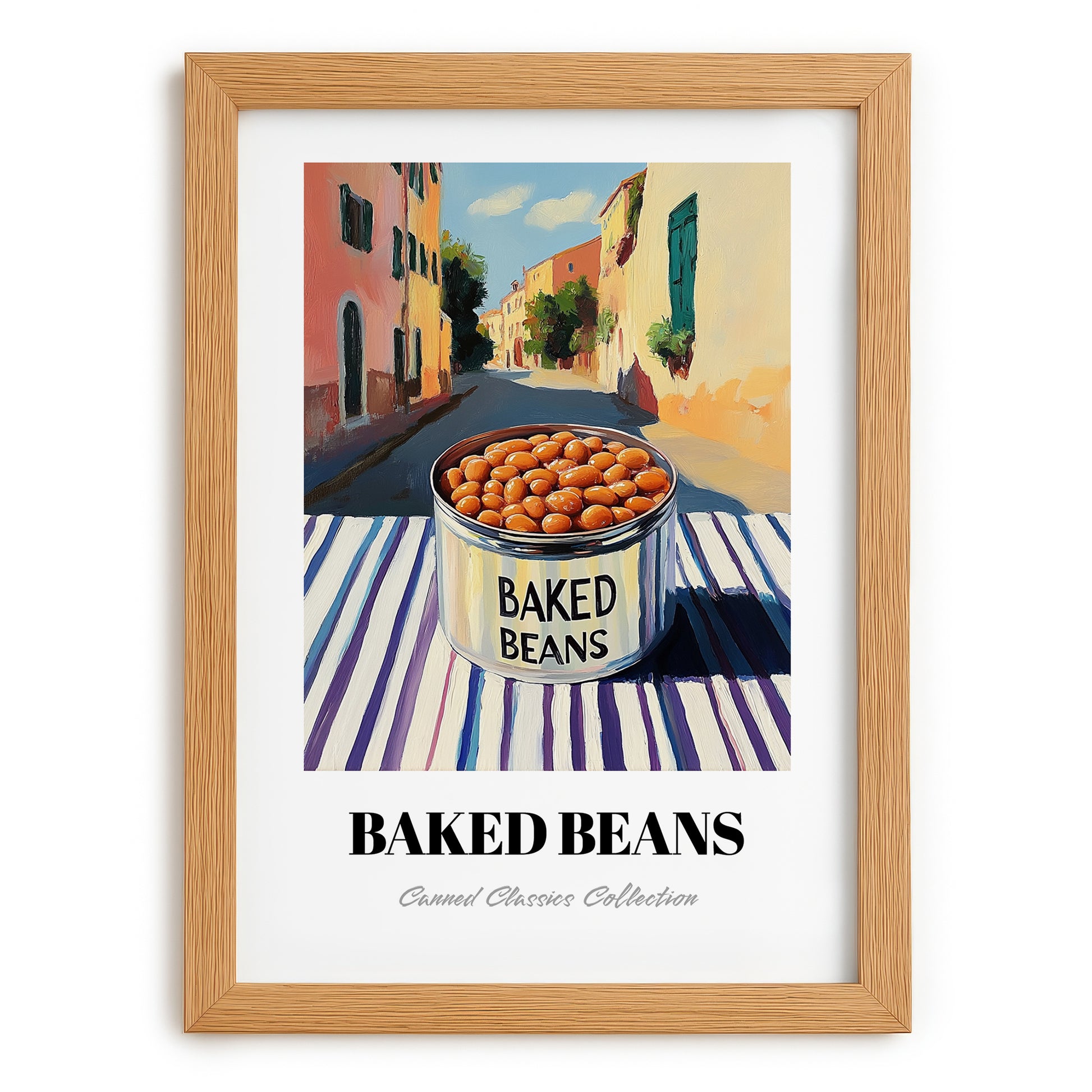 Baked Beans – Italian Outdoor Café Scene, Canned Vegetables Illustration, set in oak frame