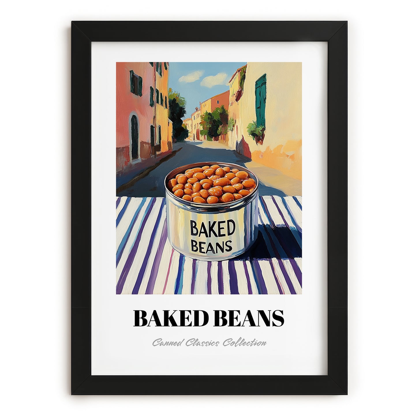 Baked Beans – Italian Outdoor Café Scene, Canned Vegetables Illustration, in sleek black frame