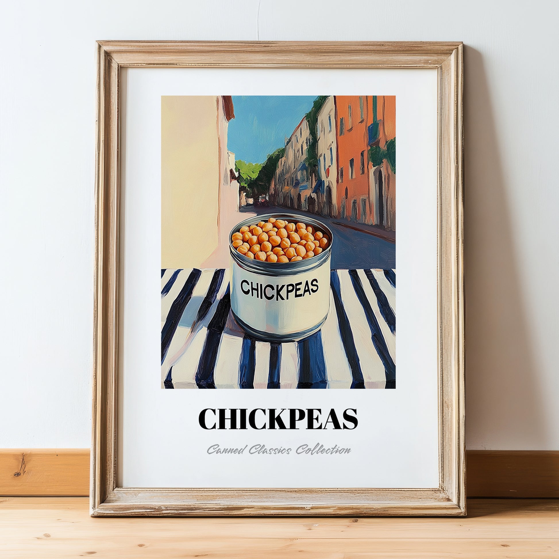 Chickpeas – Italian Café on the Corner, Canned Vegetables Illustration, in wooden frame leaning on the floor