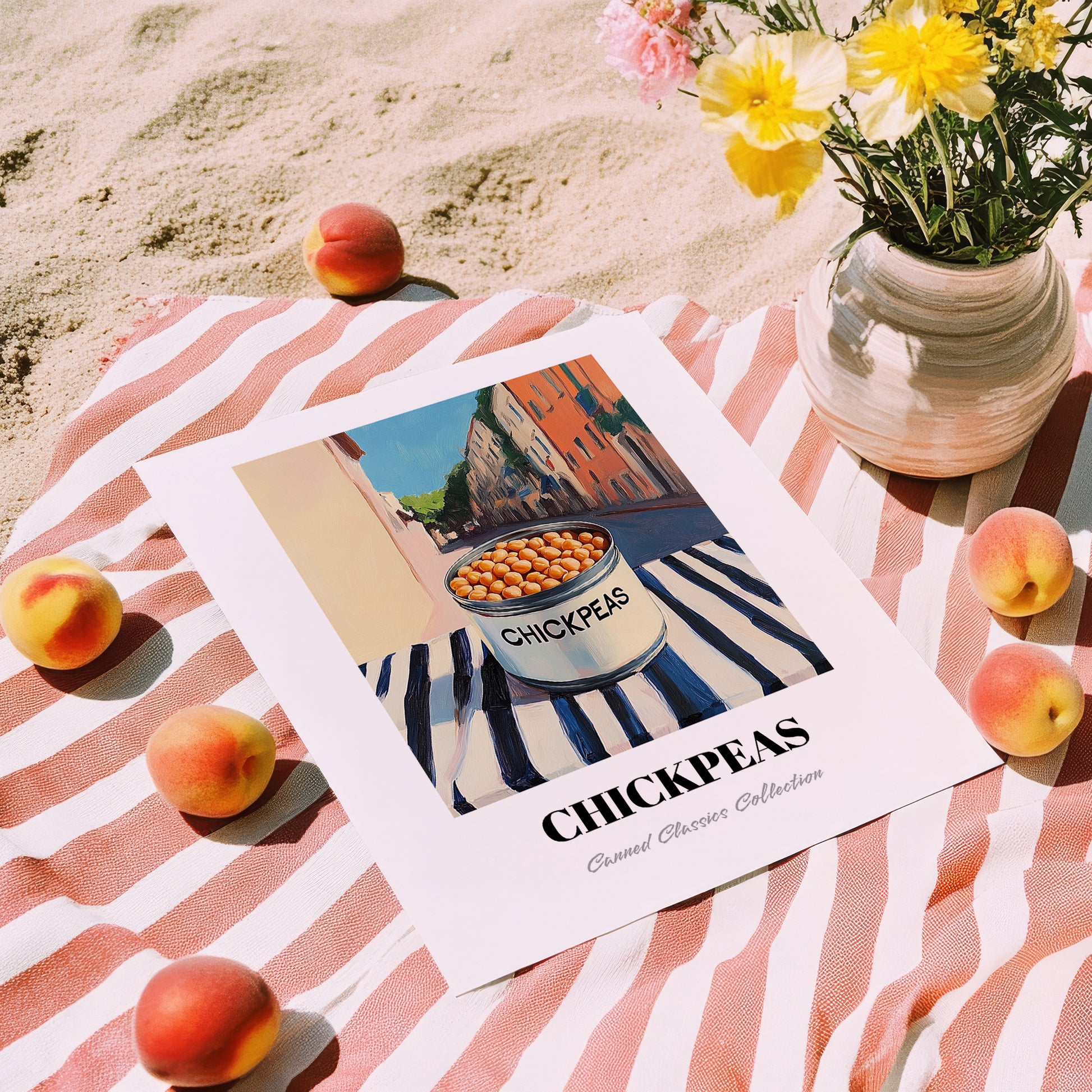 Chickpeas – Italian Café on the Corner, Canned Vegetables Illustration, unframed on coastal sand