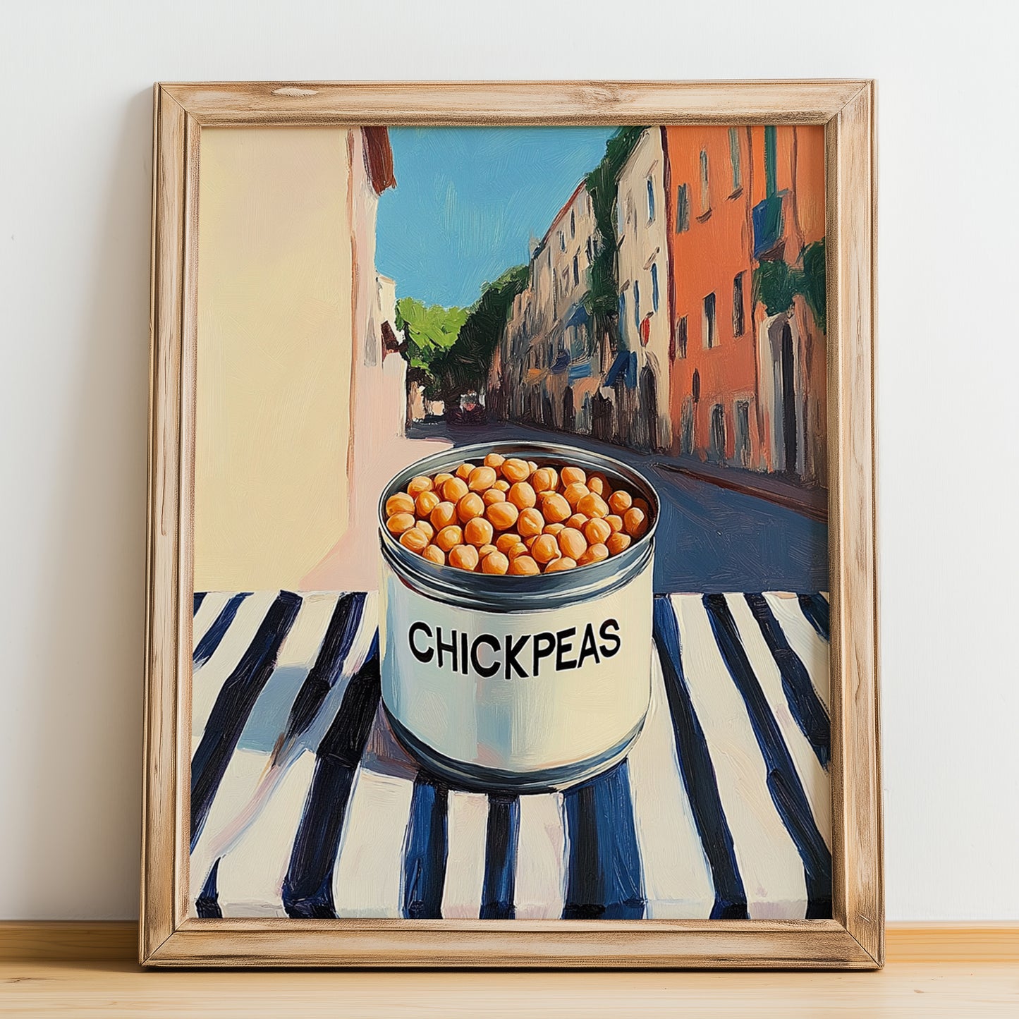Chickpeas – Italian Café on the Corner, Canned Vegetables Illustration, no-text version framed in wood