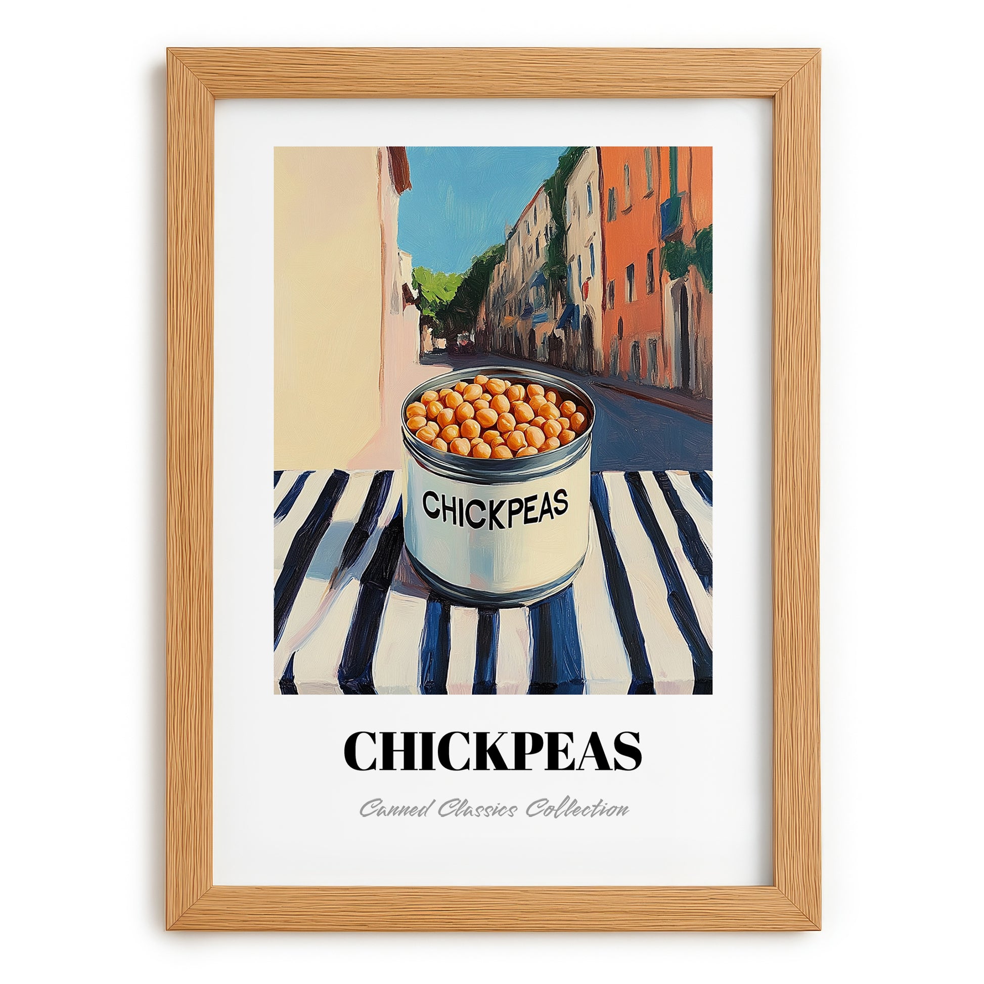Chickpeas – Italian Café on the Corner, Canned Vegetables Illustration, set in oak frame