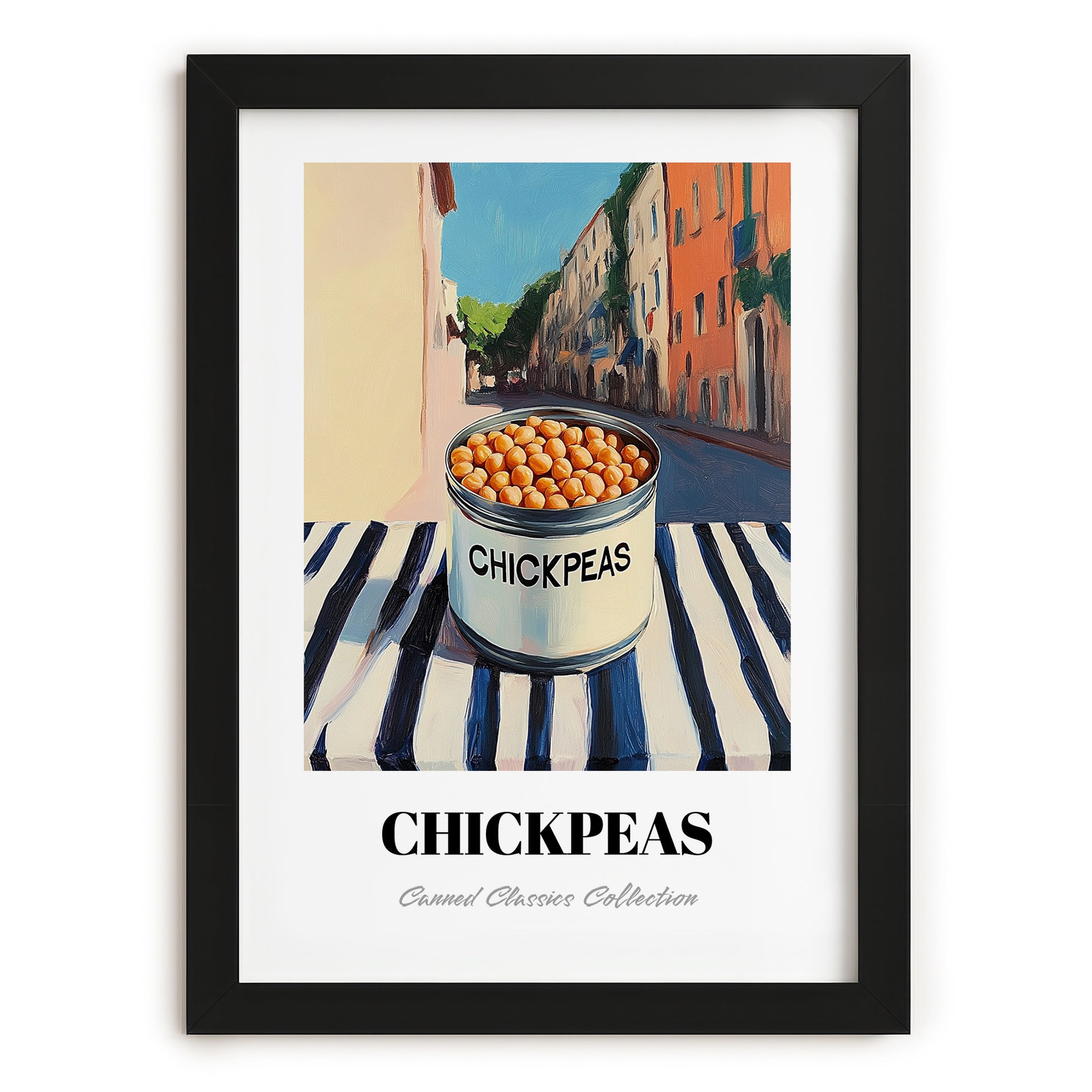 Chickpeas – Italian Café on the Corner, Canned Vegetables Illustration, in sleek black frame