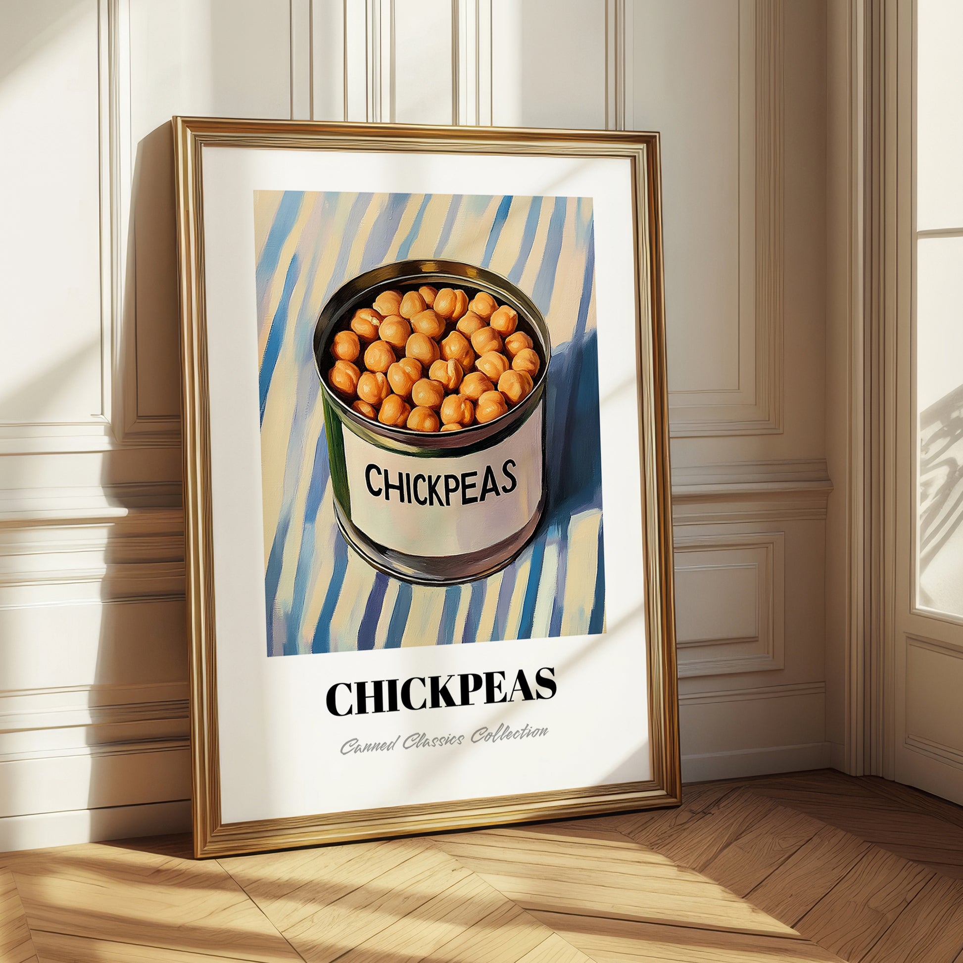Chickpeas – on Striped Tablecloth, Canned Vegetables Wall Decor