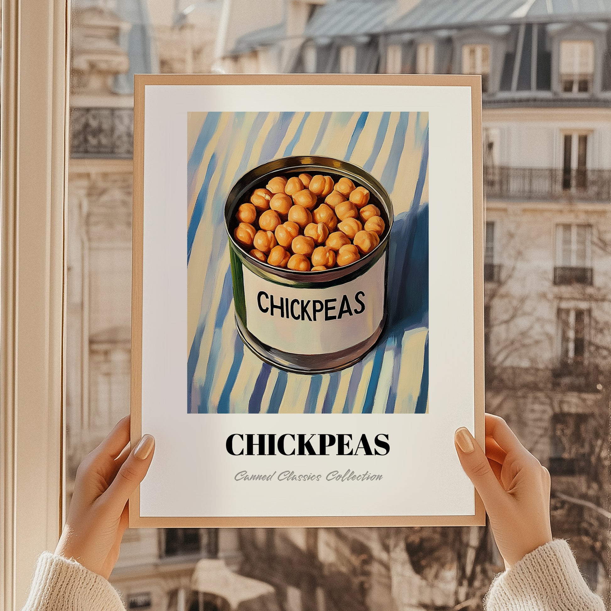 Chickpeas – on Striped Tablecloth, Canned Vegetables Wall Decor, styled in a charming Paris street view