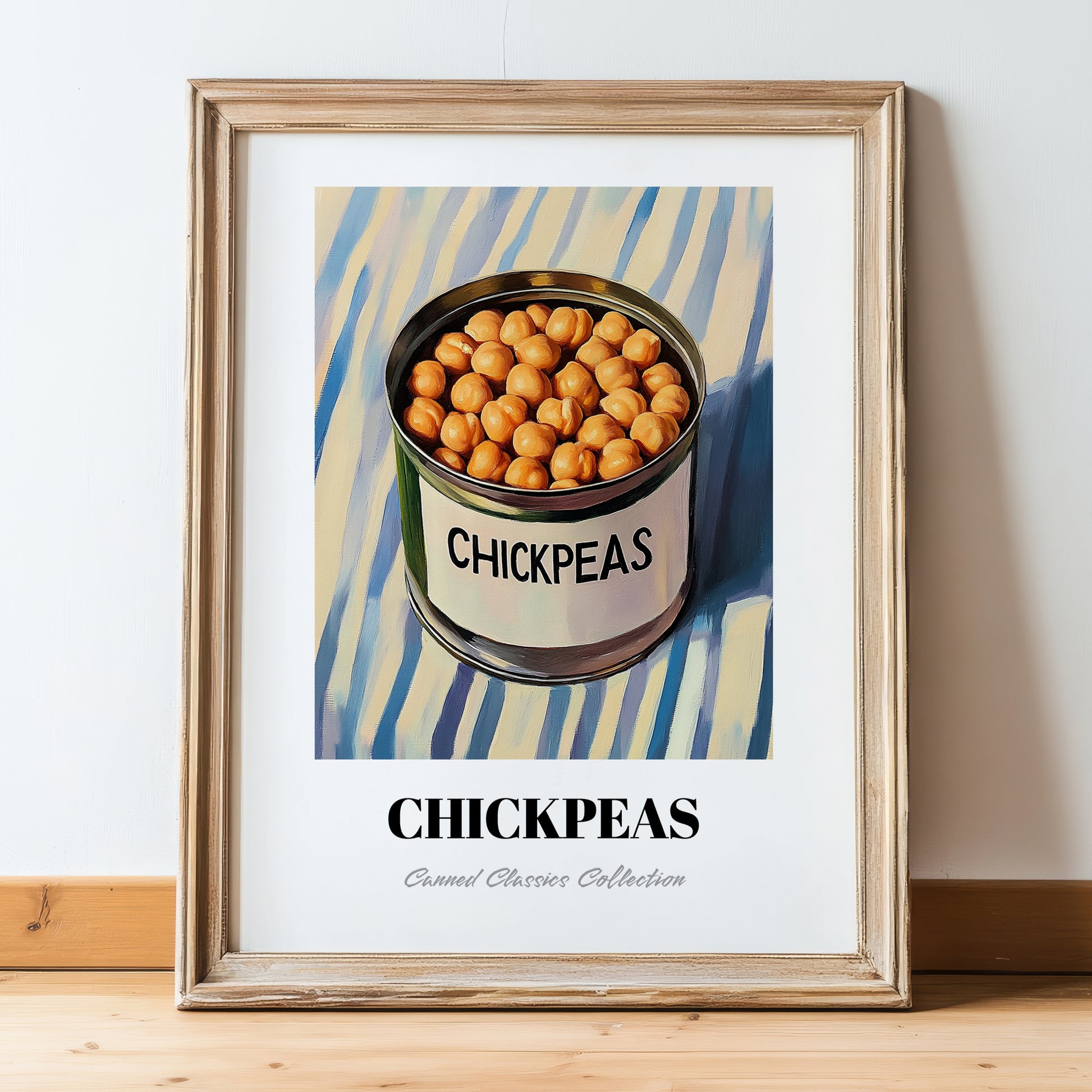 Chickpeas – on Striped Tablecloth, Canned Vegetables Wall Decor, in wooden frame leaning on the floor