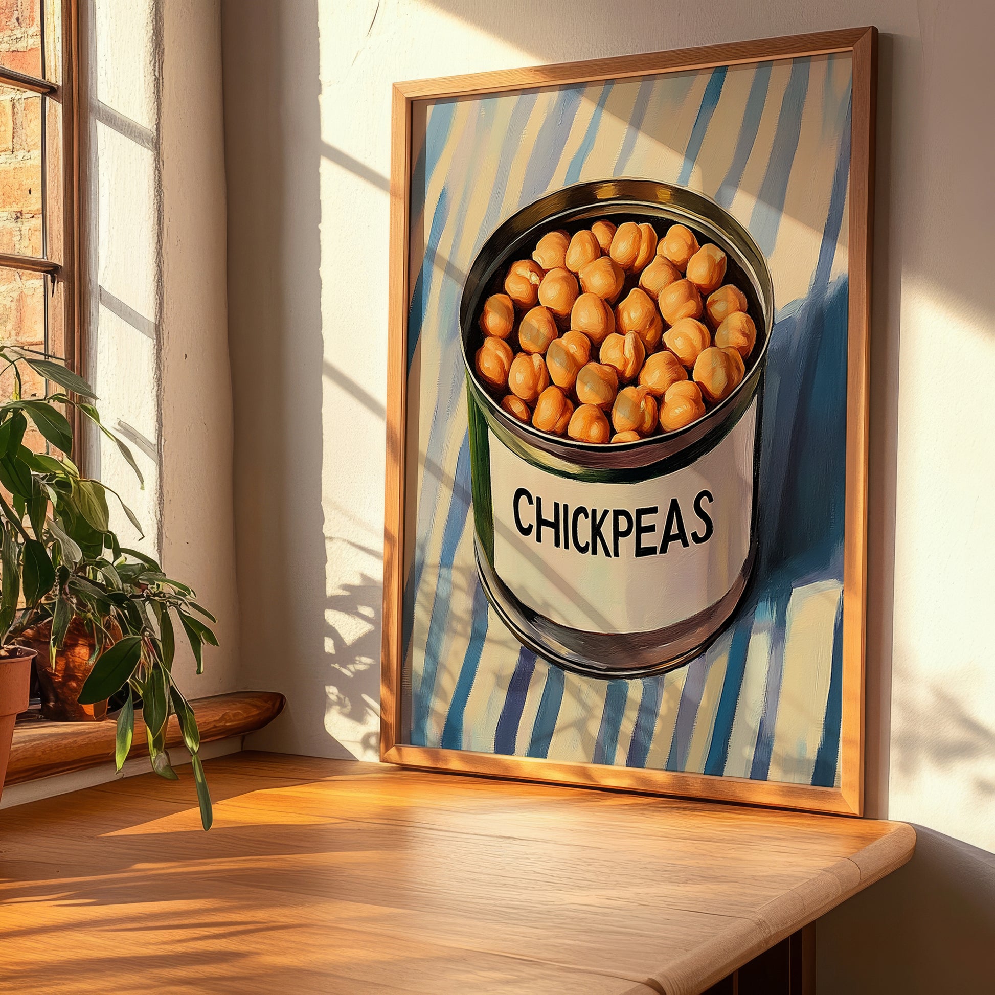Chickpeas – on Striped Tablecloth, Canned Vegetables Wall Decor, clean layout with no caption