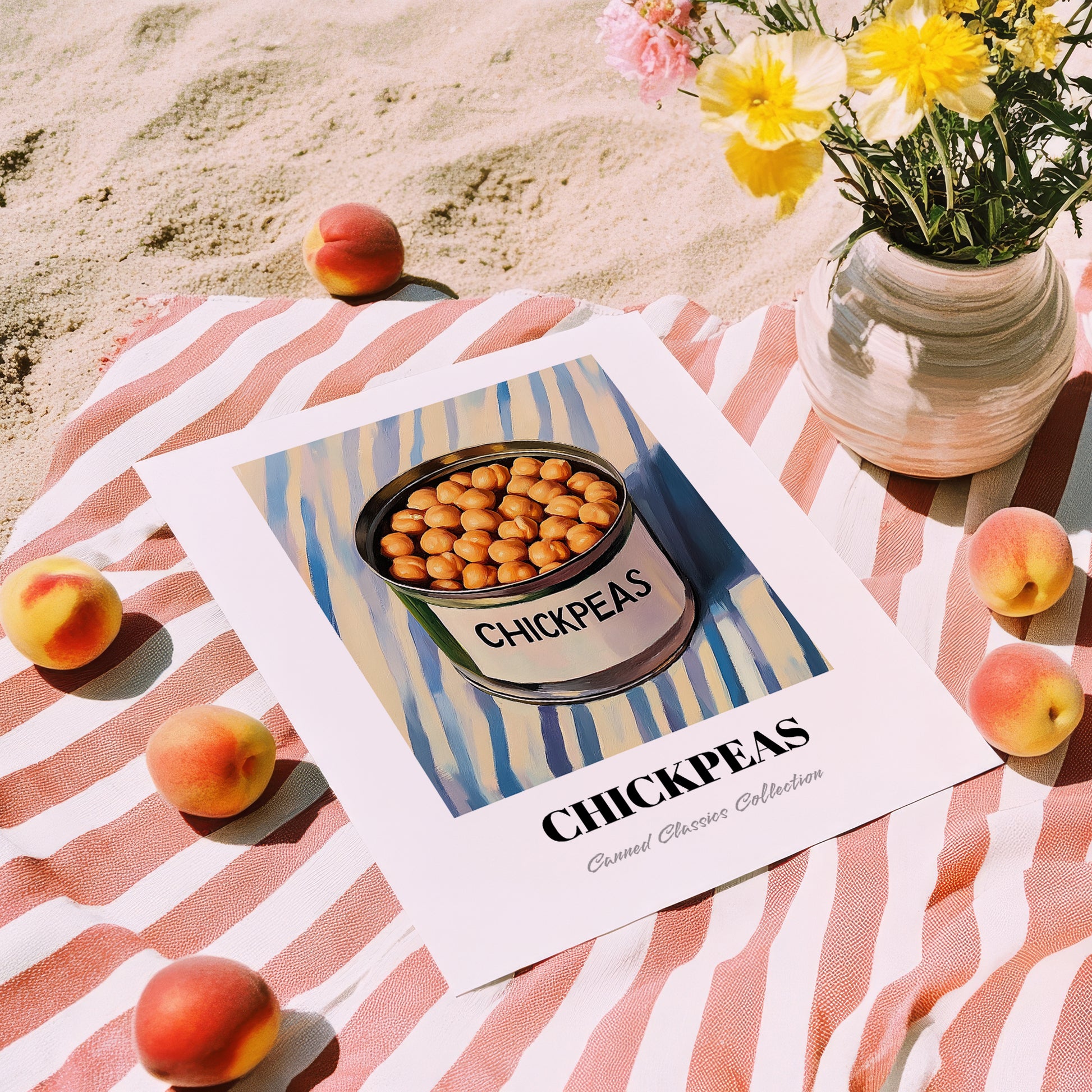Chickpeas – on Striped Tablecloth, Canned Vegetables Wall Decor, unframed on coastal sand