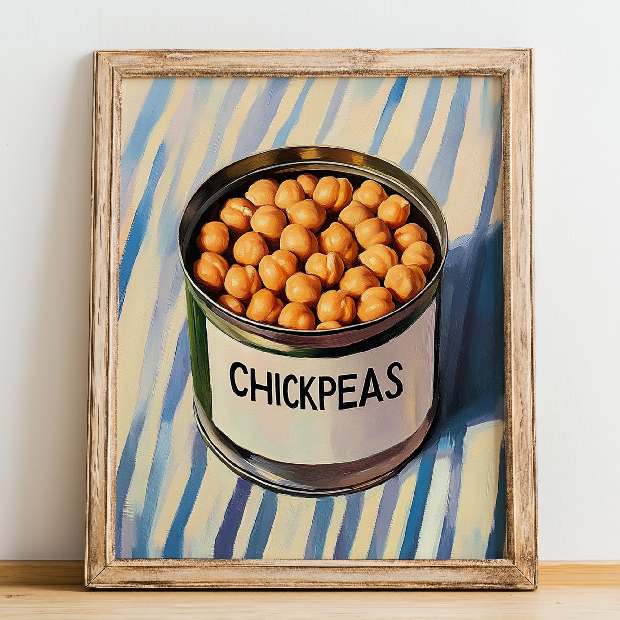Chickpeas – on Striped Tablecloth, Canned Vegetables Wall Decor, no-text version framed in wood