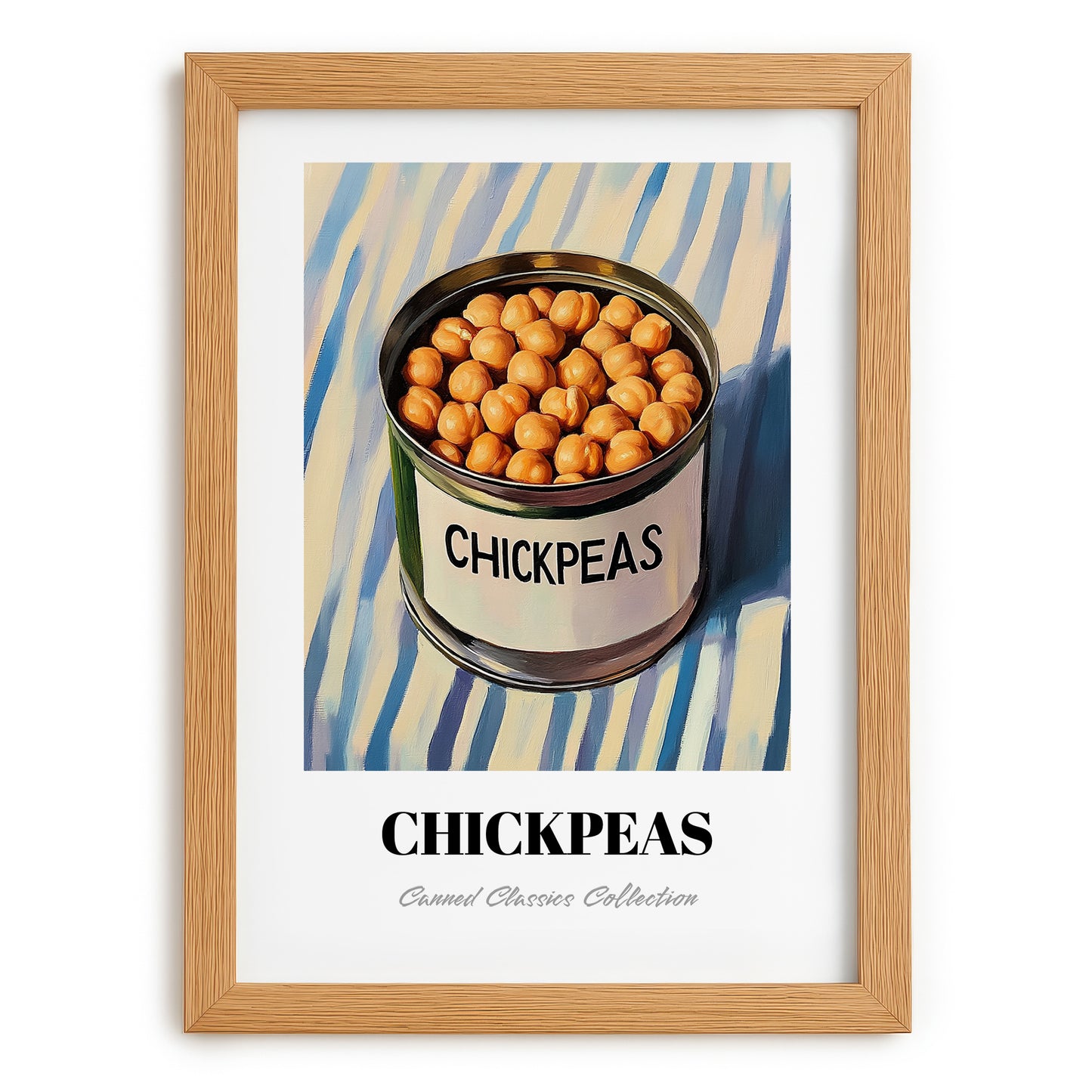 Chickpeas – on Striped Tablecloth, Canned Vegetables Wall Decor, set in oak frame