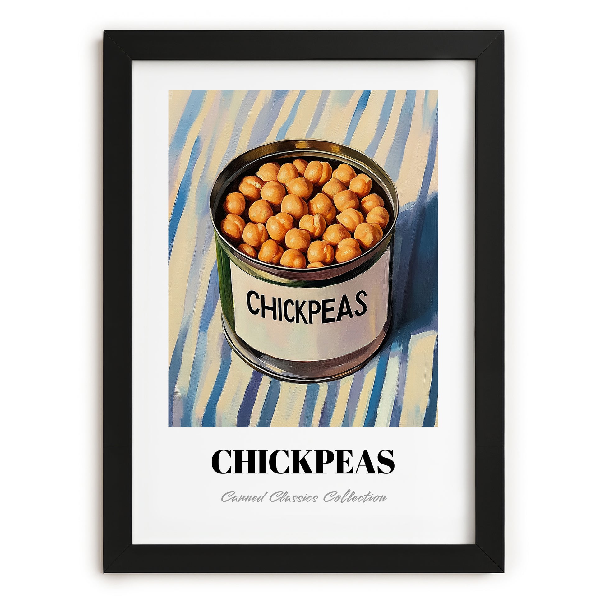 Chickpeas – on Striped Tablecloth, Canned Vegetables Wall Decor, in sleek black frame