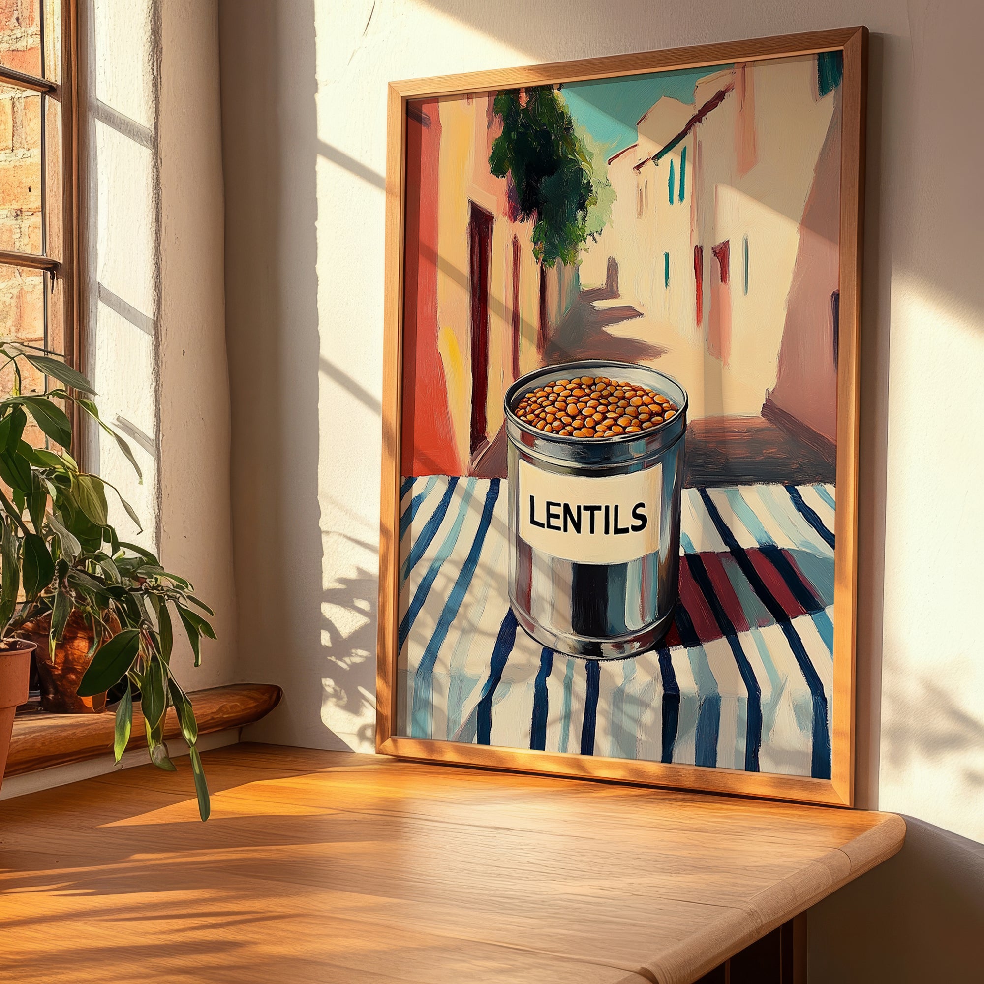 Lentils – Italian Outdoor Café Scene, Canned Vegetables Wall Art, clean layout with no caption