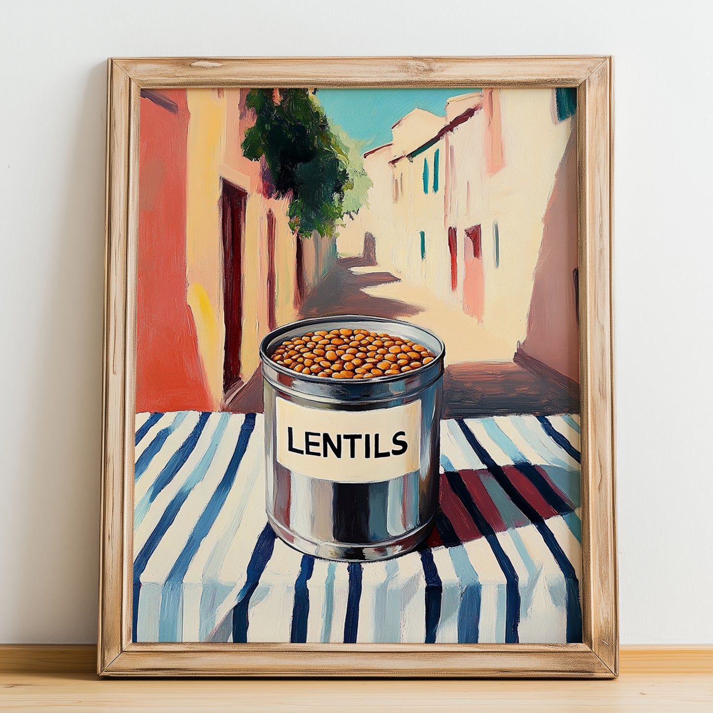 Lentils – Italian Outdoor Café Scene, Canned Vegetables Wall Art, no-text version framed in wood
