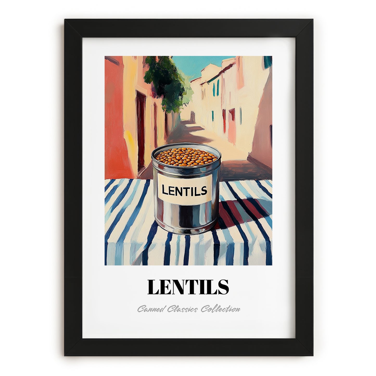 Lentils – Italian Outdoor Café Scene, Canned Vegetables Wall Art, in sleek black frame