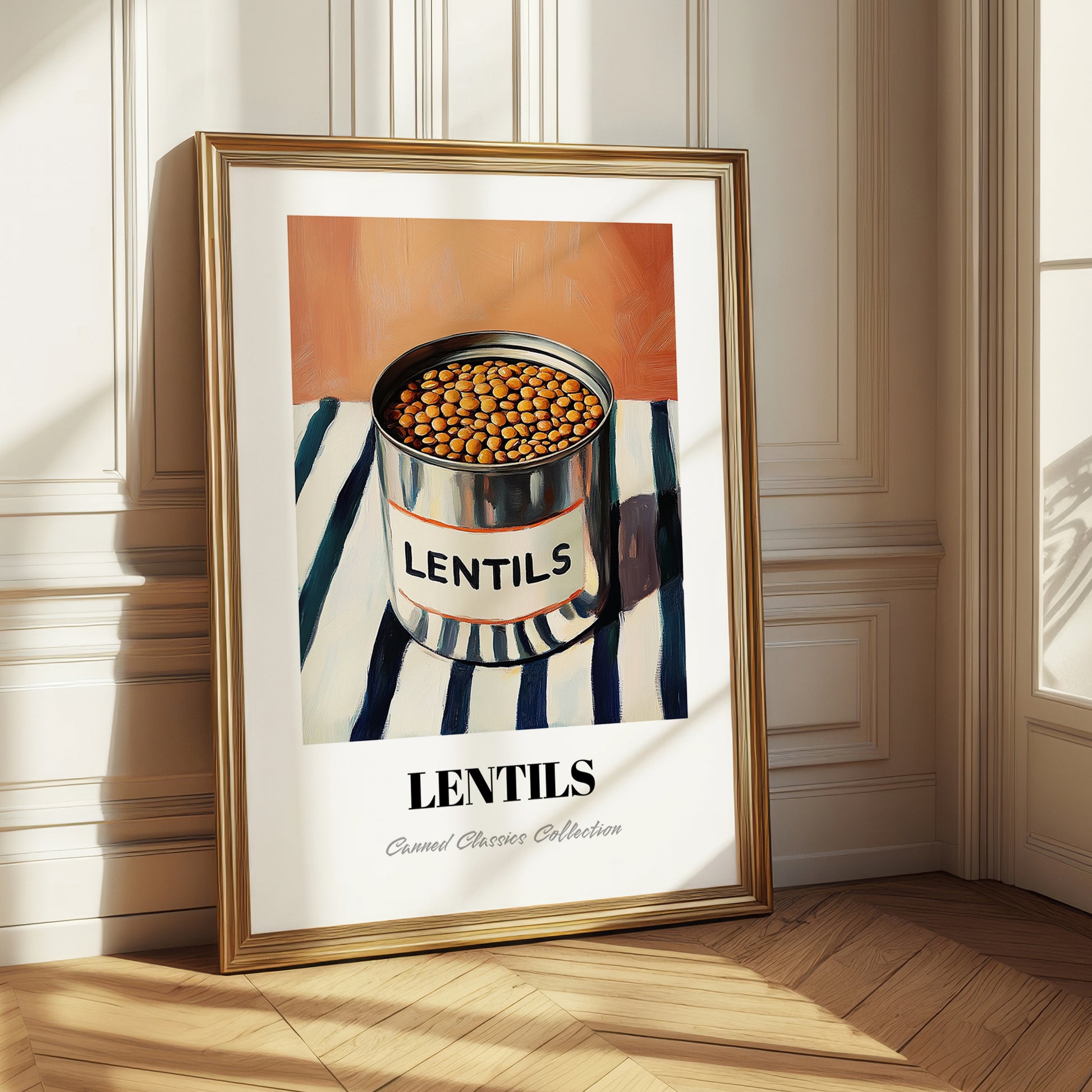 Lentils – on Striped Tablecloth, Canned Vegetables Painting