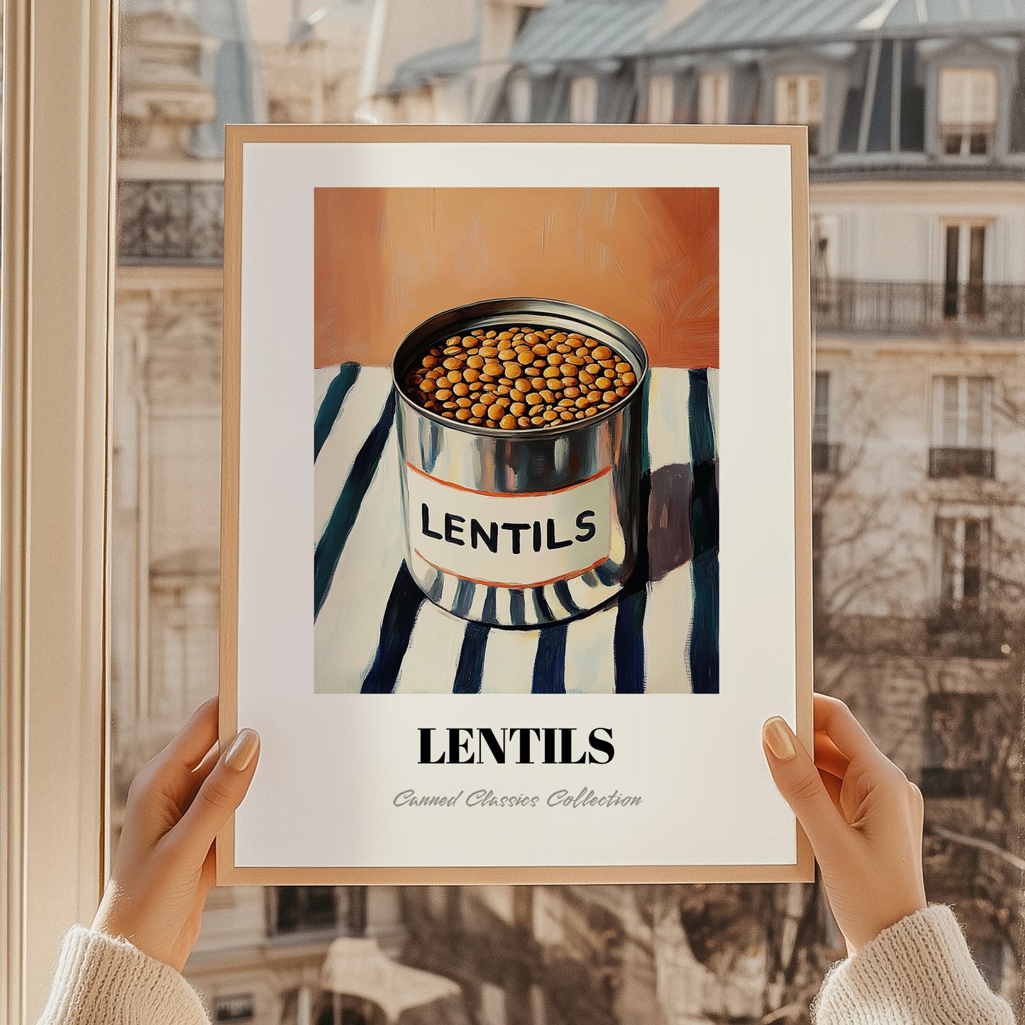 Lentils – on Striped Tablecloth, Canned Vegetables Painting, styled in a charming Paris street view