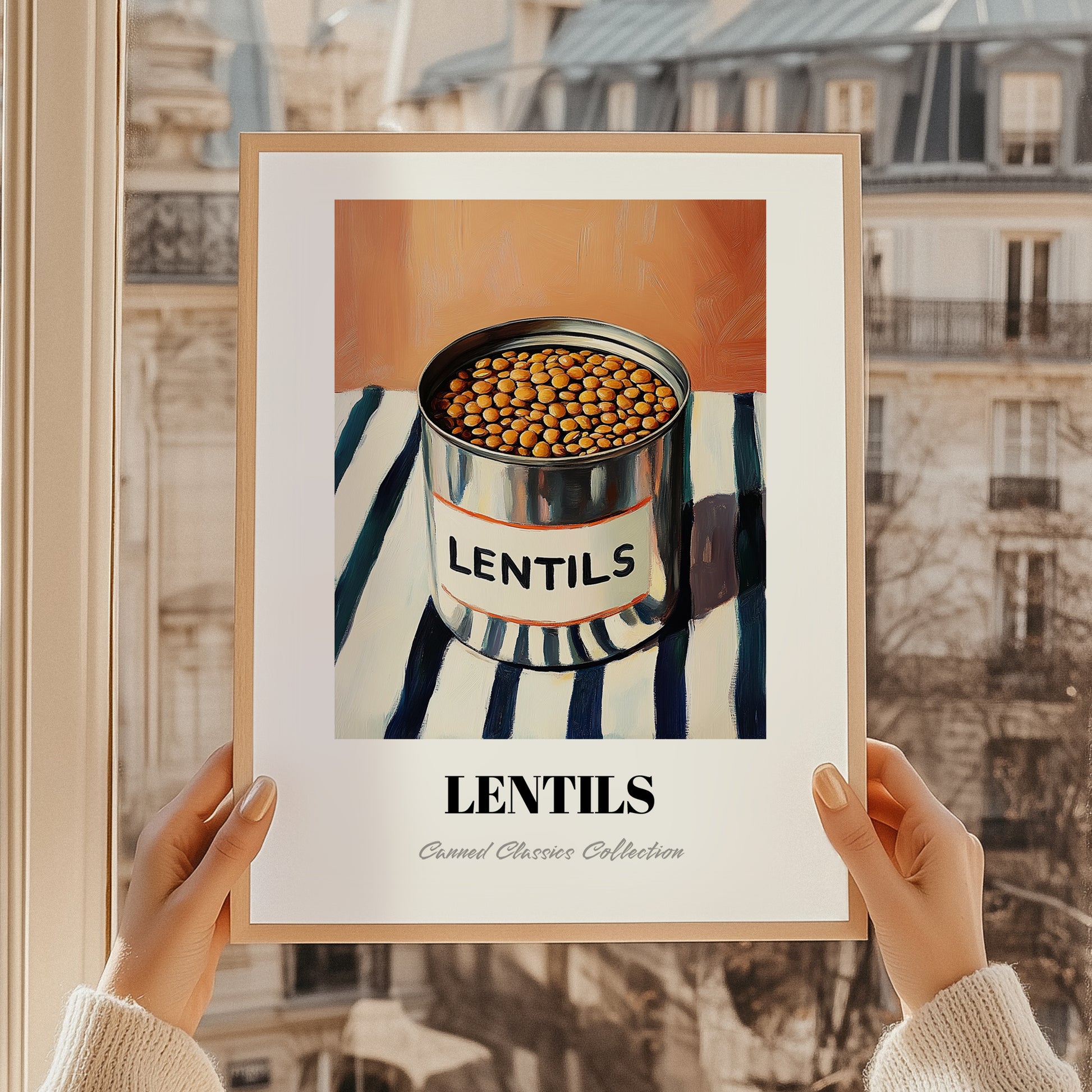 Lentils – on Striped Tablecloth, Canned Vegetables Painting, styled in a charming Paris street view